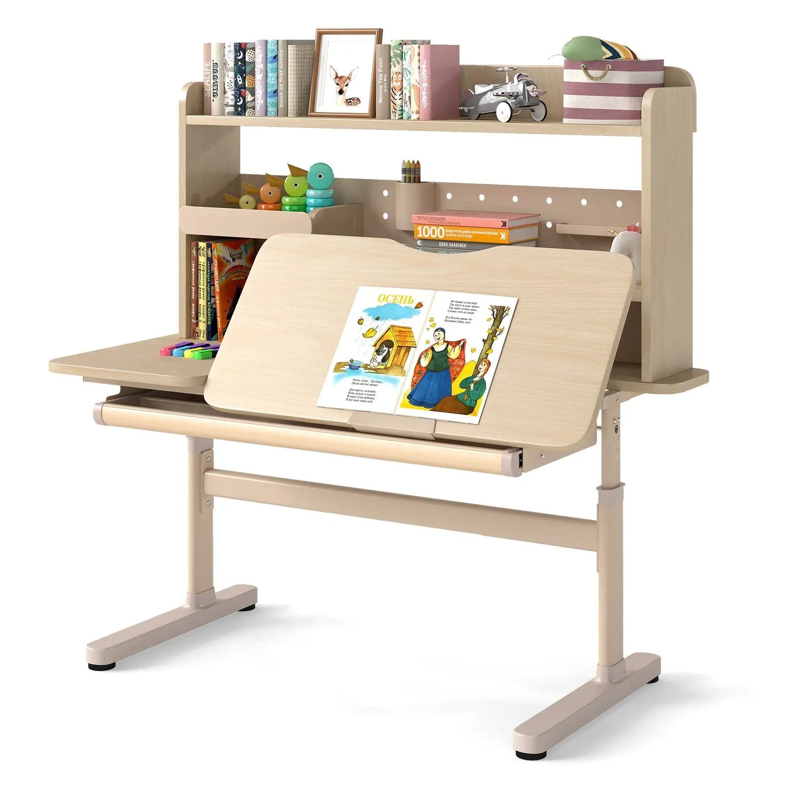 Height Adjustable Writing Table with Tilt Desktop and Retractable Book Stand-Yellow by DirectDeals