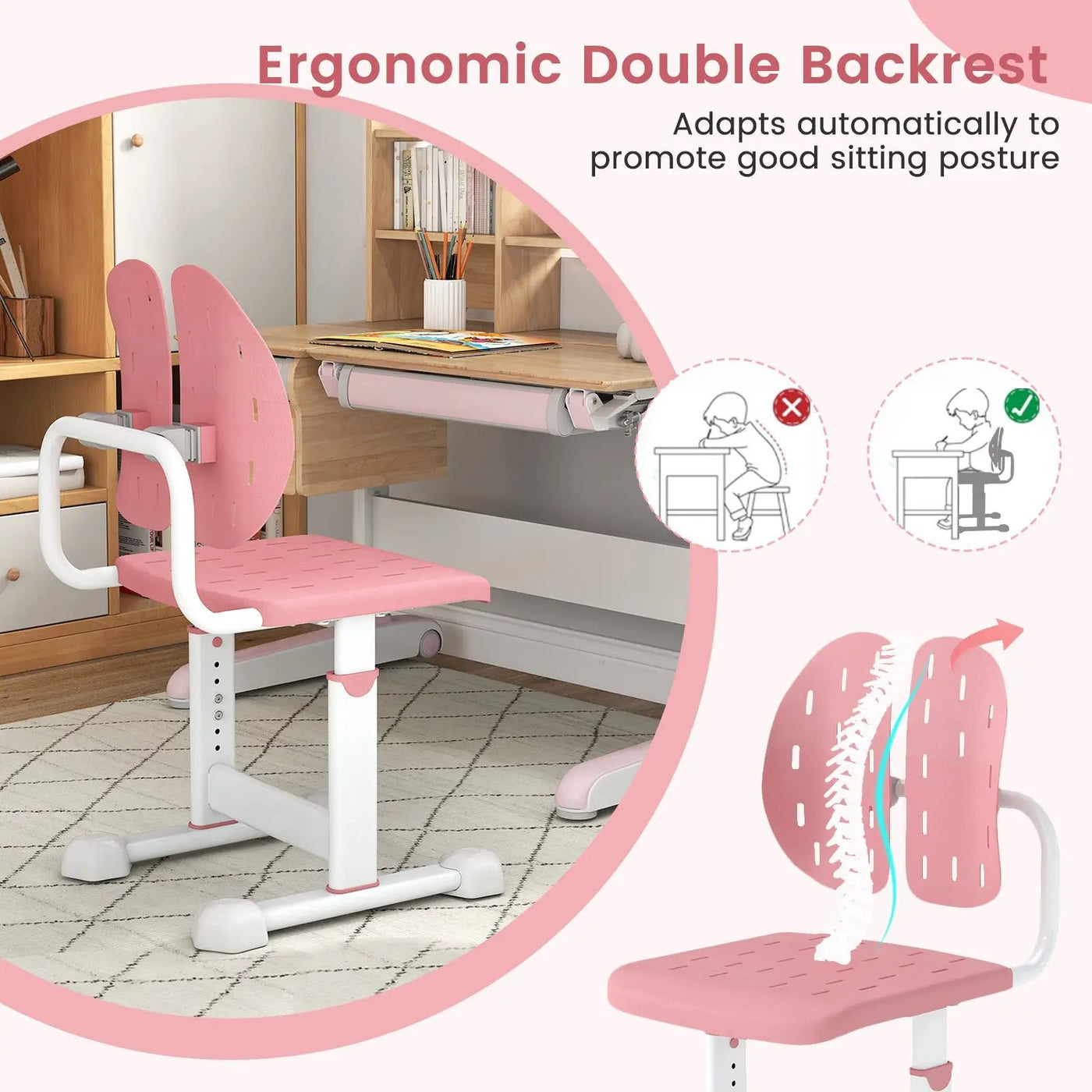 Height-adjustable Kid's Study Chair with Double Back Support and Breathable Seat for 3+ Years Old by DirectDeals