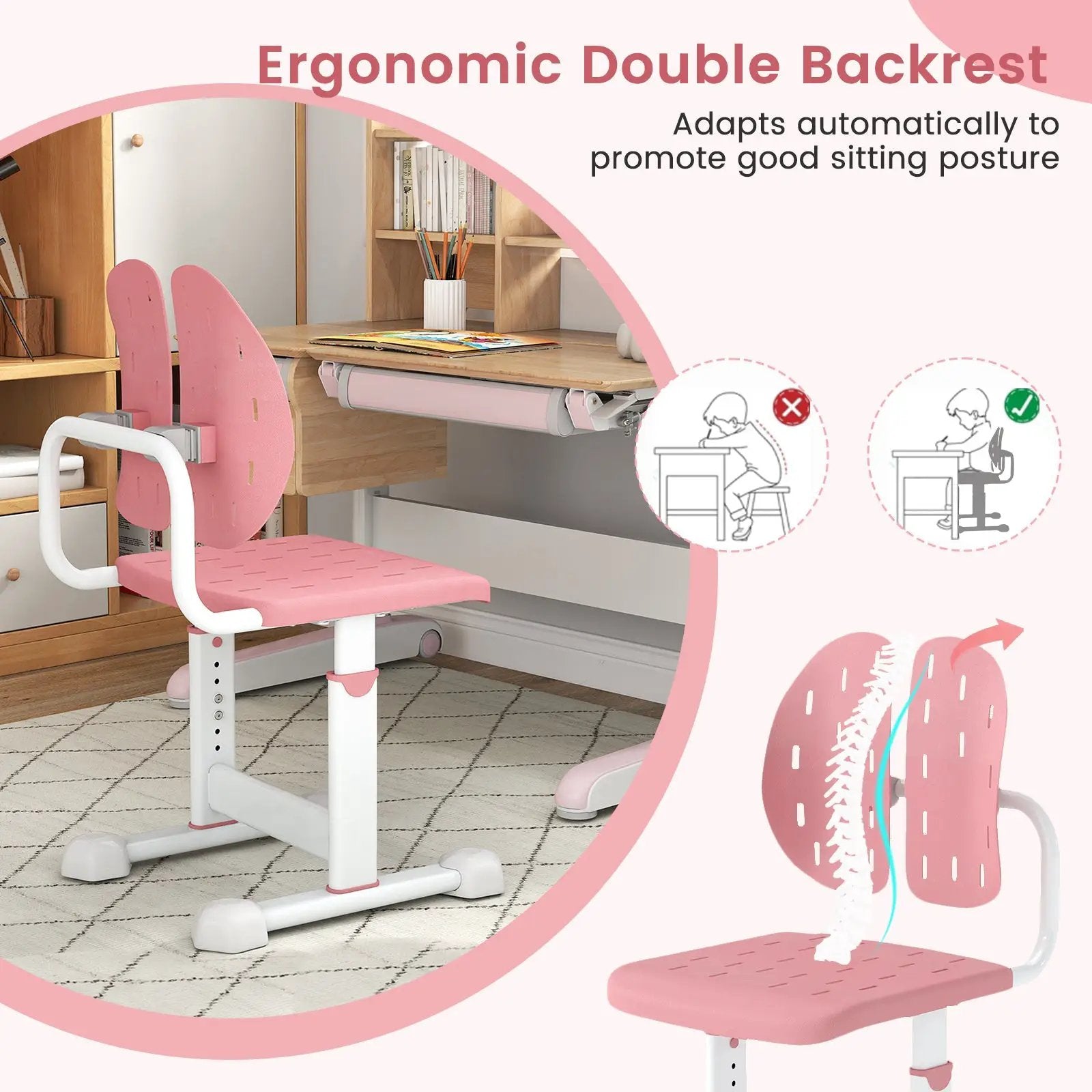 Height-adjustable Kid's Study Chair with Double Back Support and Breathable Seat for 3+ Years Old by DirectDeals