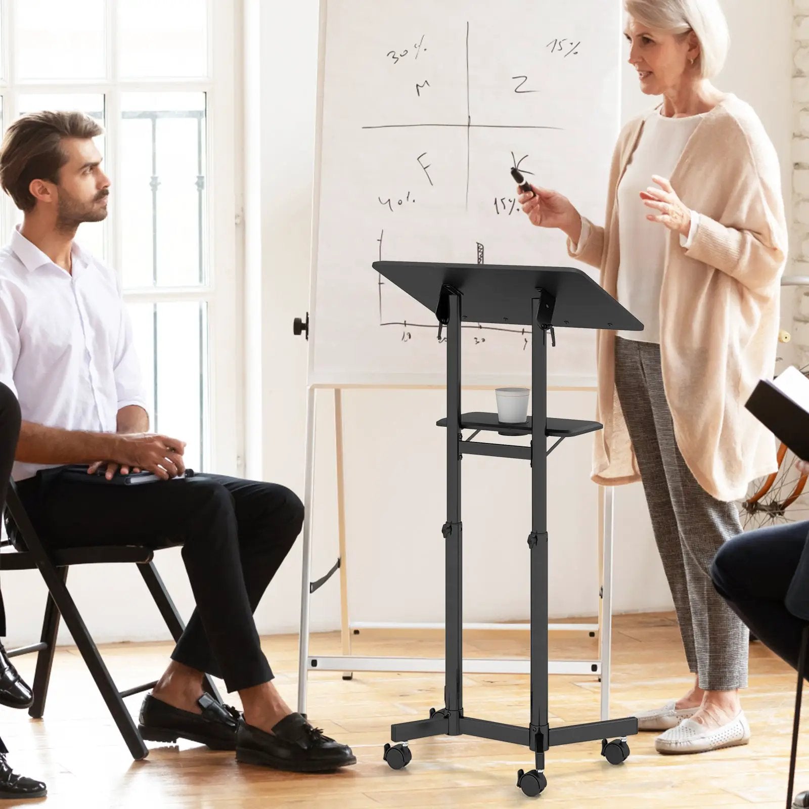 Mobile Lectern Podium Height-adjustable Rolling Laptop Cart with Tilting Top Storage Tray by DirectDeals