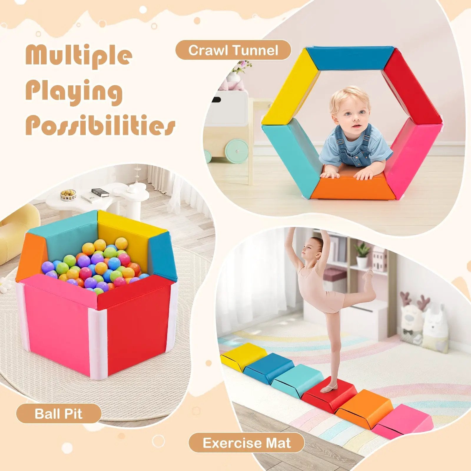 Hexagon Kids Ball Pit Foam Climbing Exercise Mat with Detachable PU Covers-Multicolor by DirectDeals