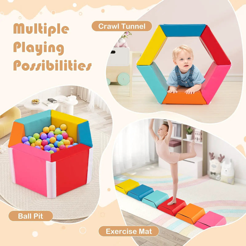 Hexagon Kids Ball Pit Foam Climbing Exercise Mat with Detachable PU Covers-Multicolor by DirectDeals