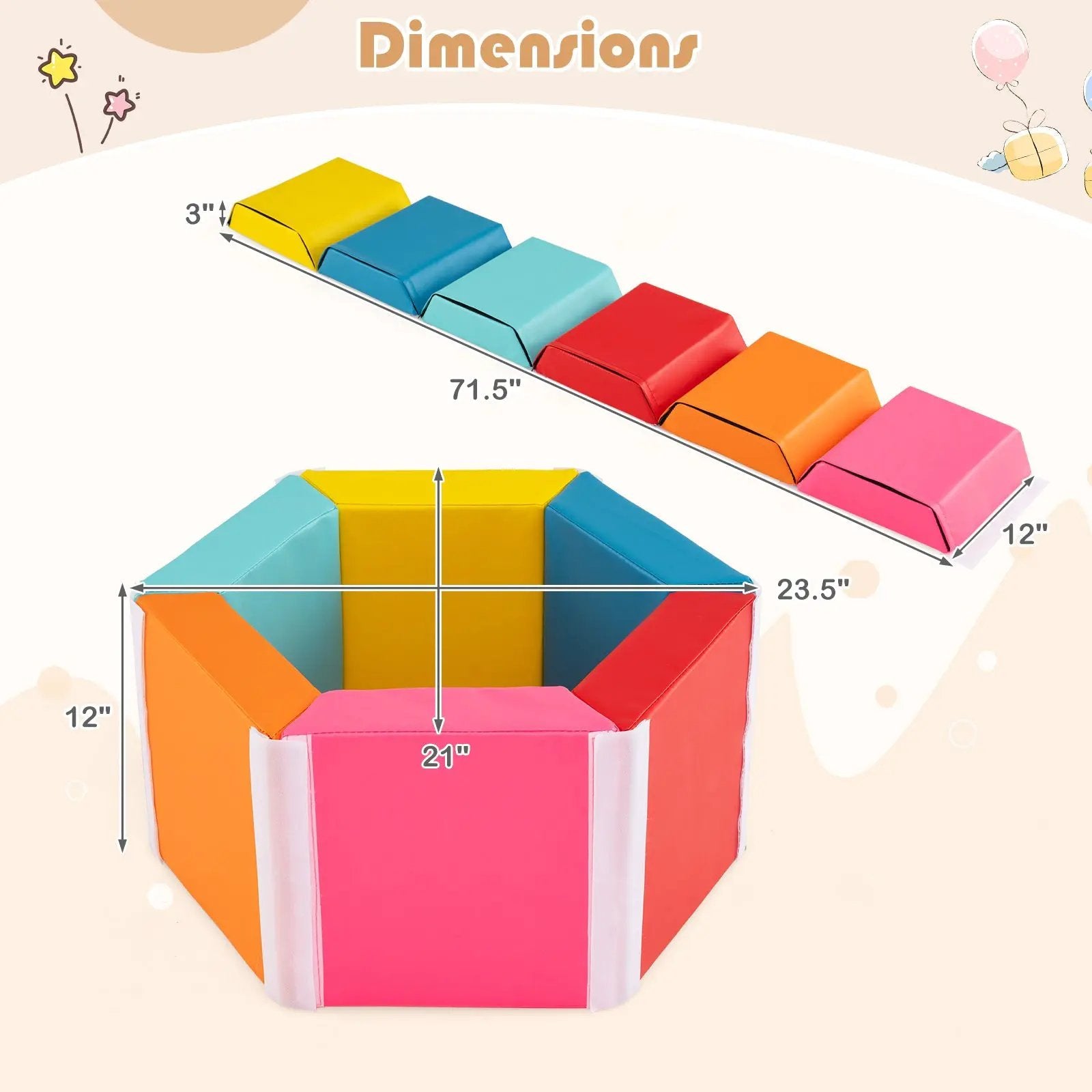 Hexagon Kids Ball Pit Foam Climbing Exercise Mat with Detachable PU Covers-Multicolor by DirectDeals