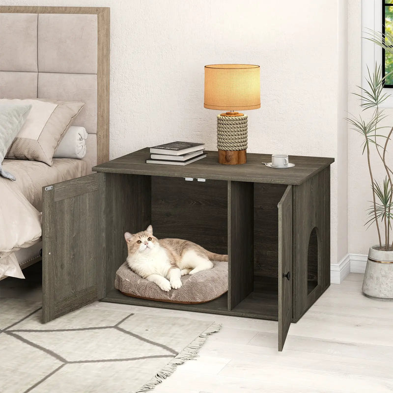 Hidden Cat Litter Box Enclosure Furniture with Divider-Oak by DirectDeals