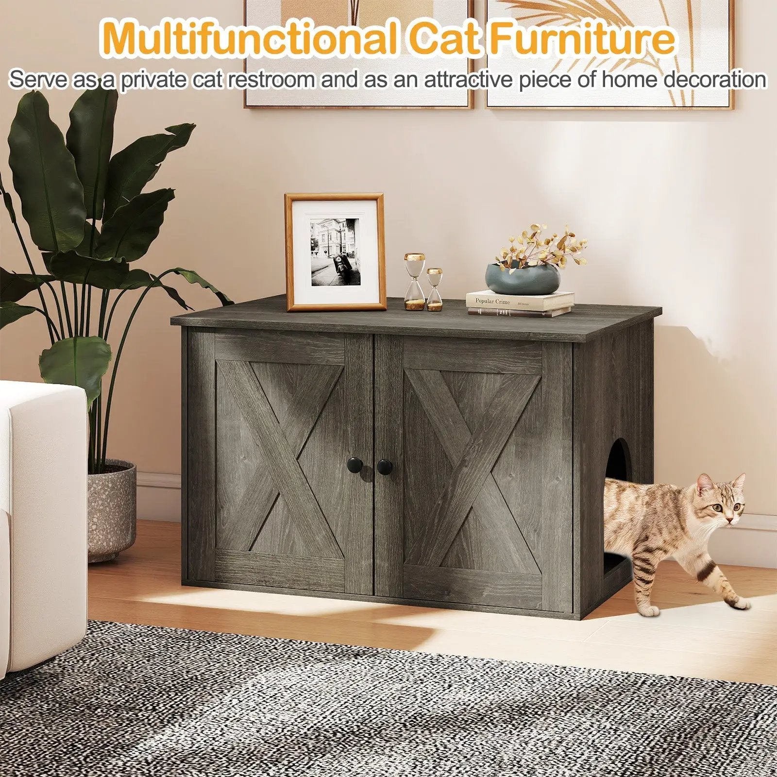 Hidden Cat Litter Box Enclosure Furniture with Divider-Oak by DirectDeals