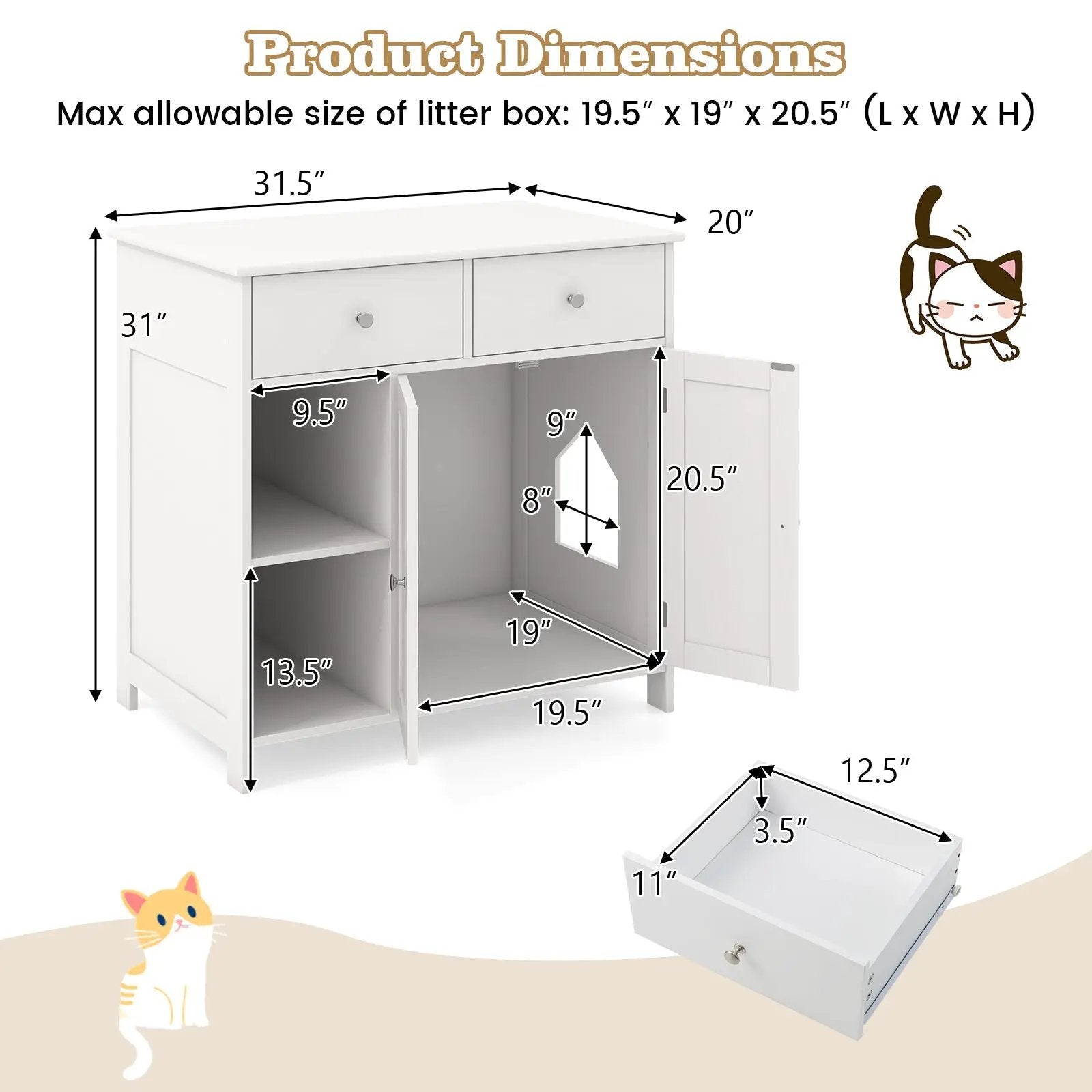 Hidden Cat Washroom Side Cabinet Wooden Pet House with 2 Drawers-White by DirectDeals