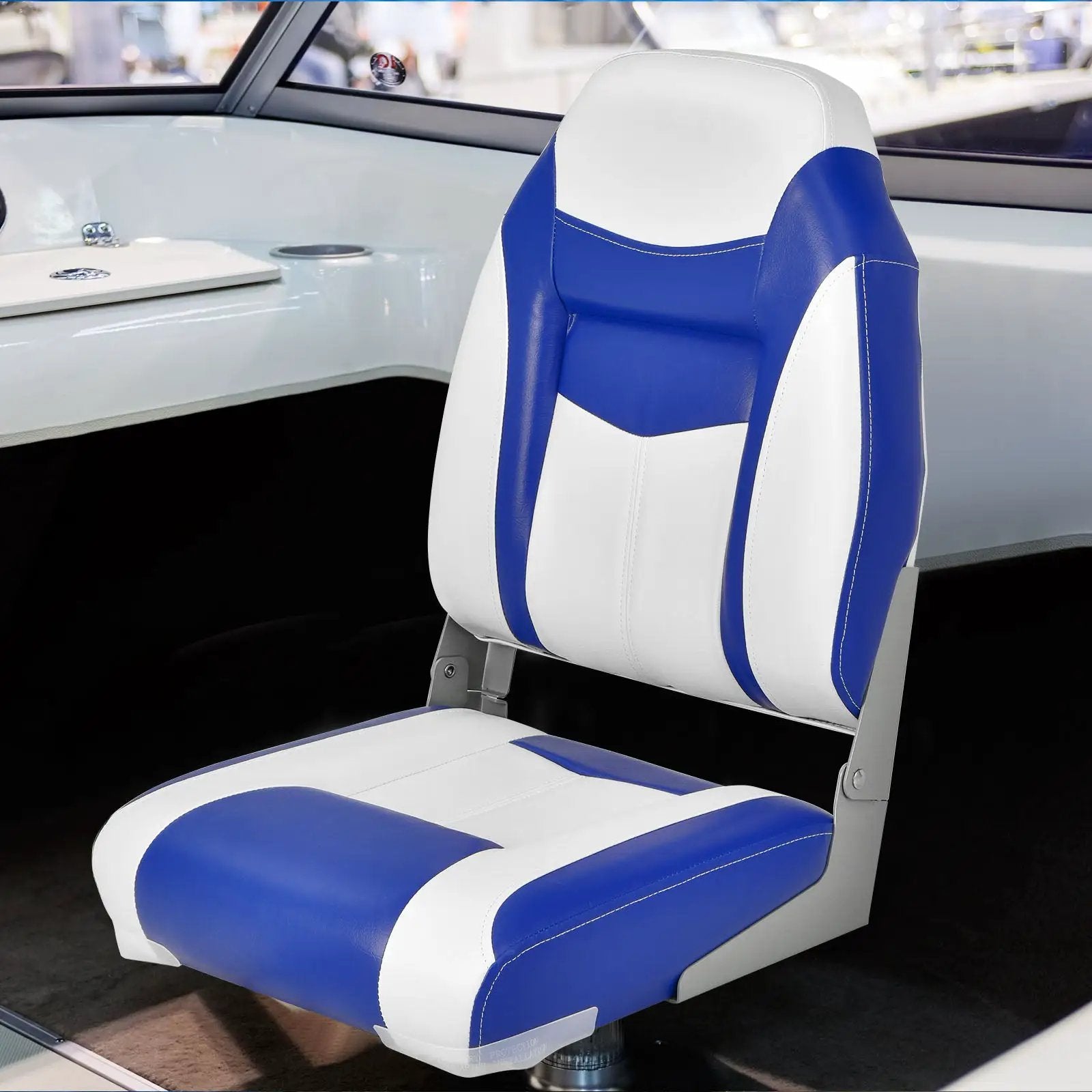 High Back Folding Boat Seat with Blue White Sponge Cushion and Flexible Hinges-Blue by DirectDeals