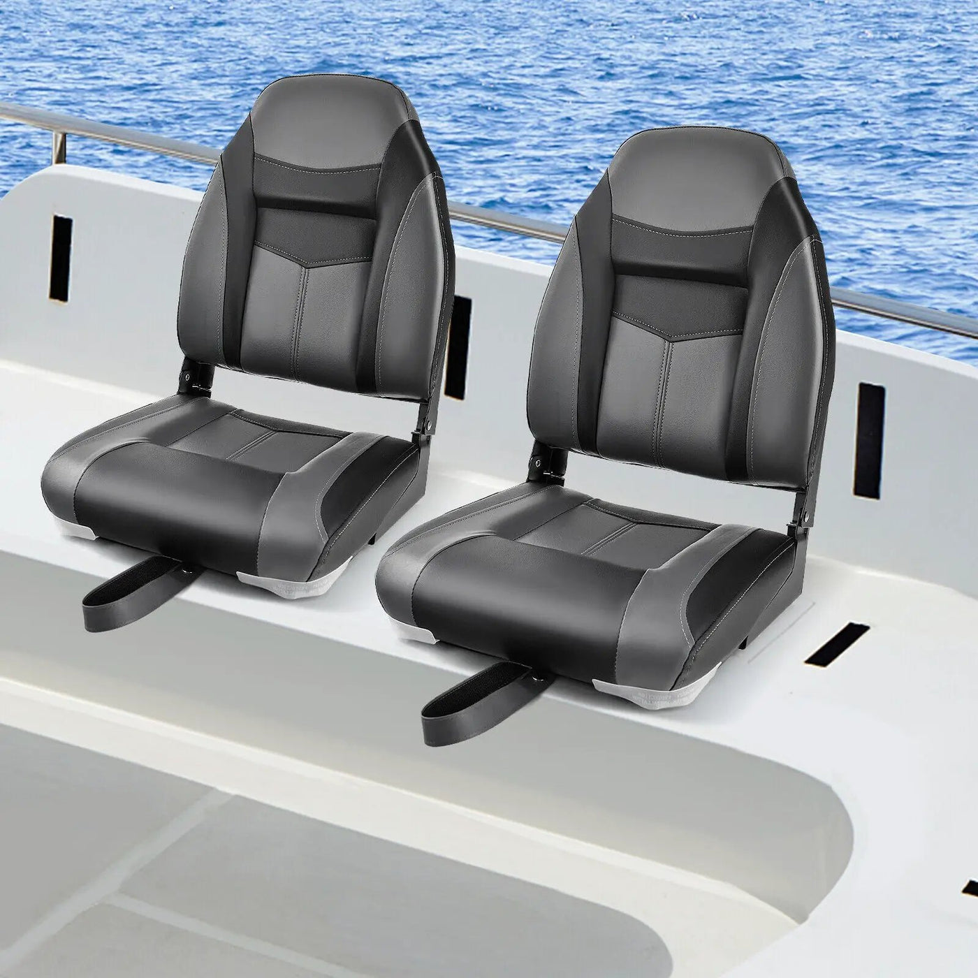 High Back Folding Boat Seats with Black Grey Sponge Cushion and Flexible Hinges by DirectDeals