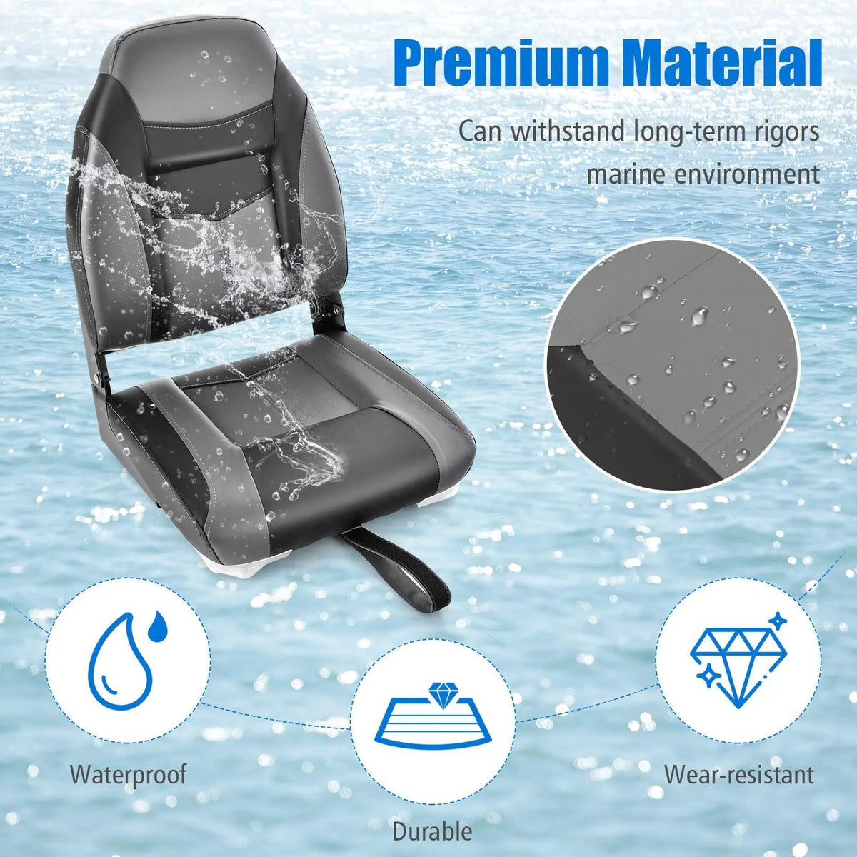 High Back Folding Boat Seats with Black Grey Sponge Cushion and Flexible Hinges by DirectDeals