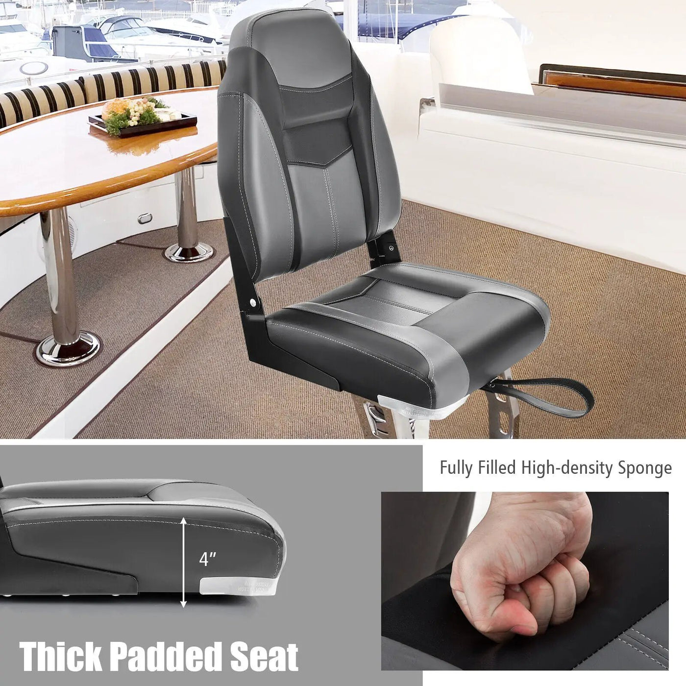 High Back Folding Boat Seats with Black Grey Sponge Cushion and Flexible Hinges by DirectDeals