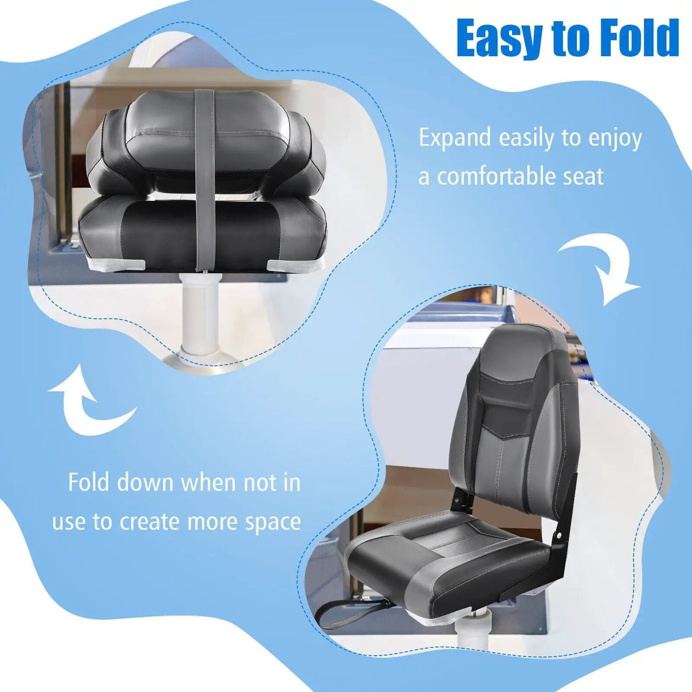 High Back Folding Boat Seats with Black Grey Sponge Cushion and Flexible Hinges by DirectDeals