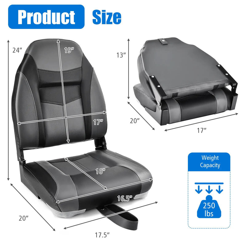High Back Folding Boat Seats with Black Grey Sponge Cushion and Flexible Hinges by DirectDeals