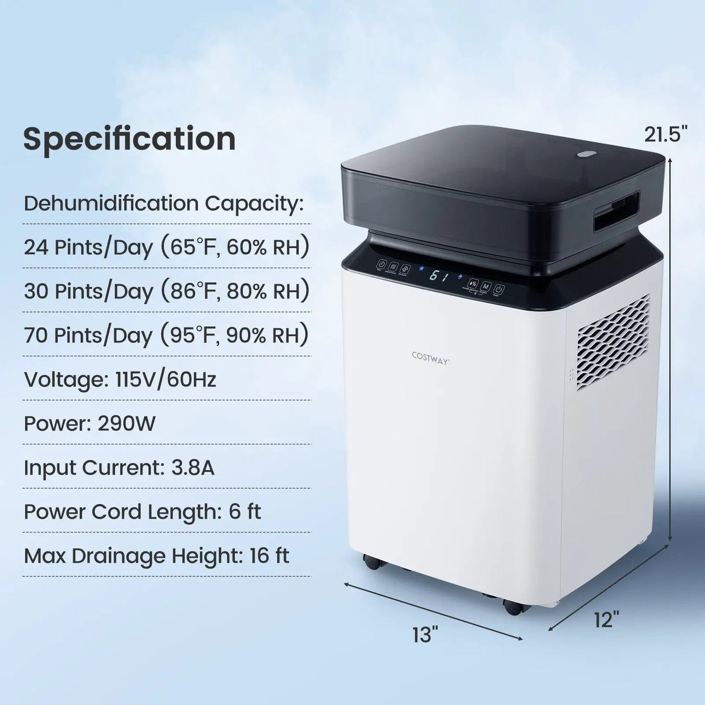70/90 Pint 4500/6000 Sq. Ft Dehumidifier with Continuous and Auto Mode by DirectDeals
