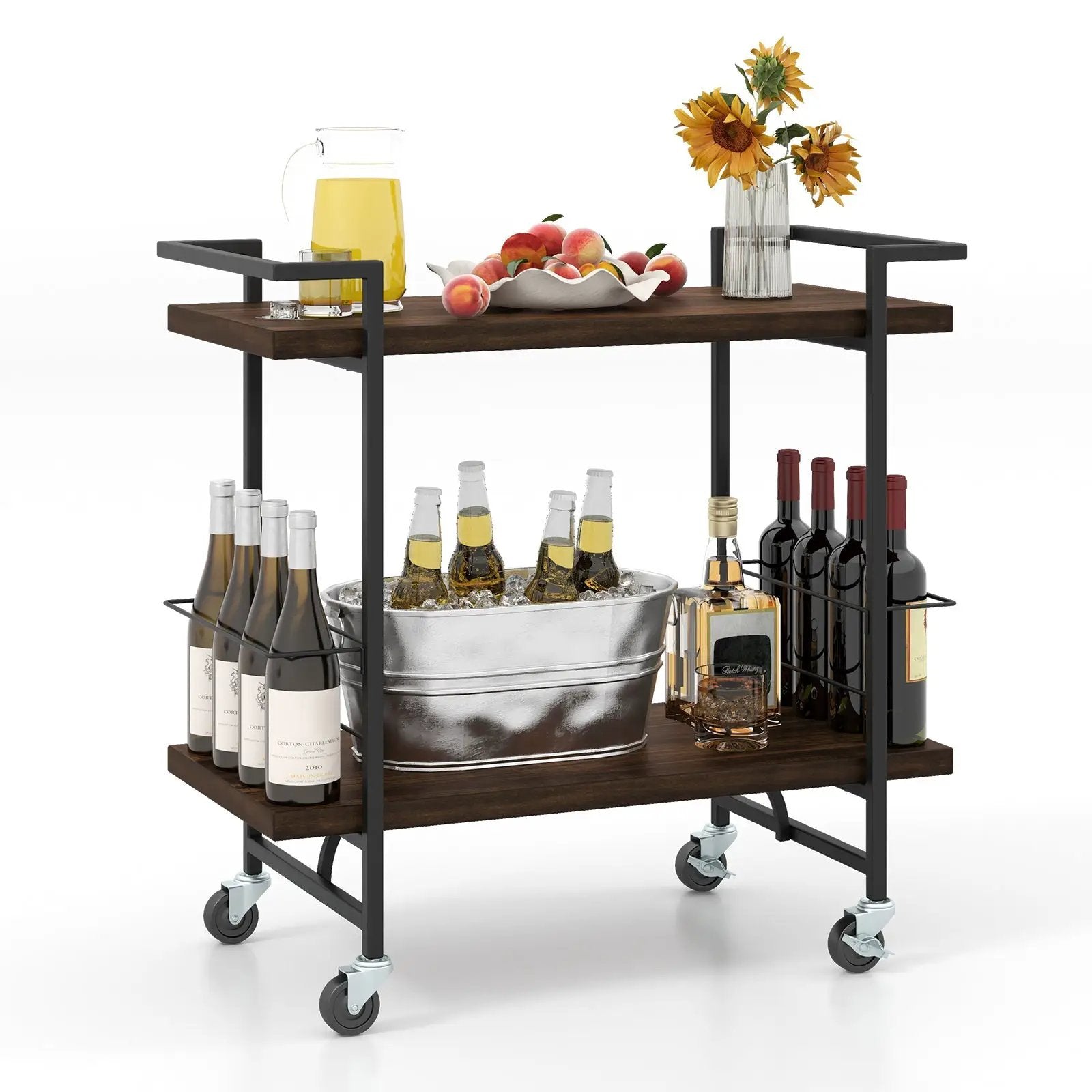 2-Tier Home Bar Cart with Lockable Wheels and Heavy-Duty Metal Frame-Rustic Brown by DirectDeals