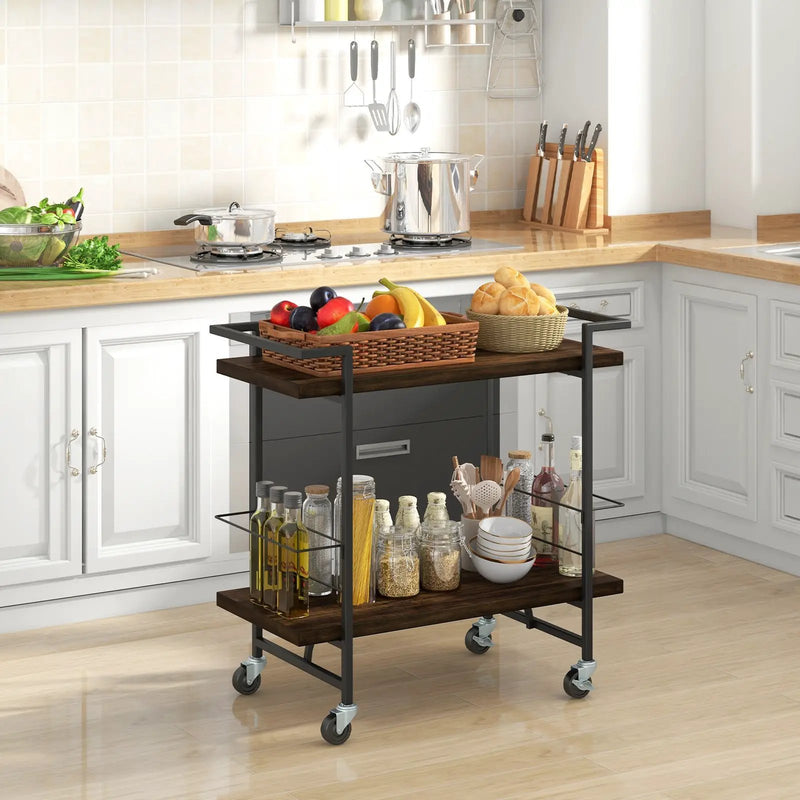 2-Tier Home Bar Cart with Lockable Wheels and Heavy-Duty Metal Frame-Rustic Brown by DirectDeals
