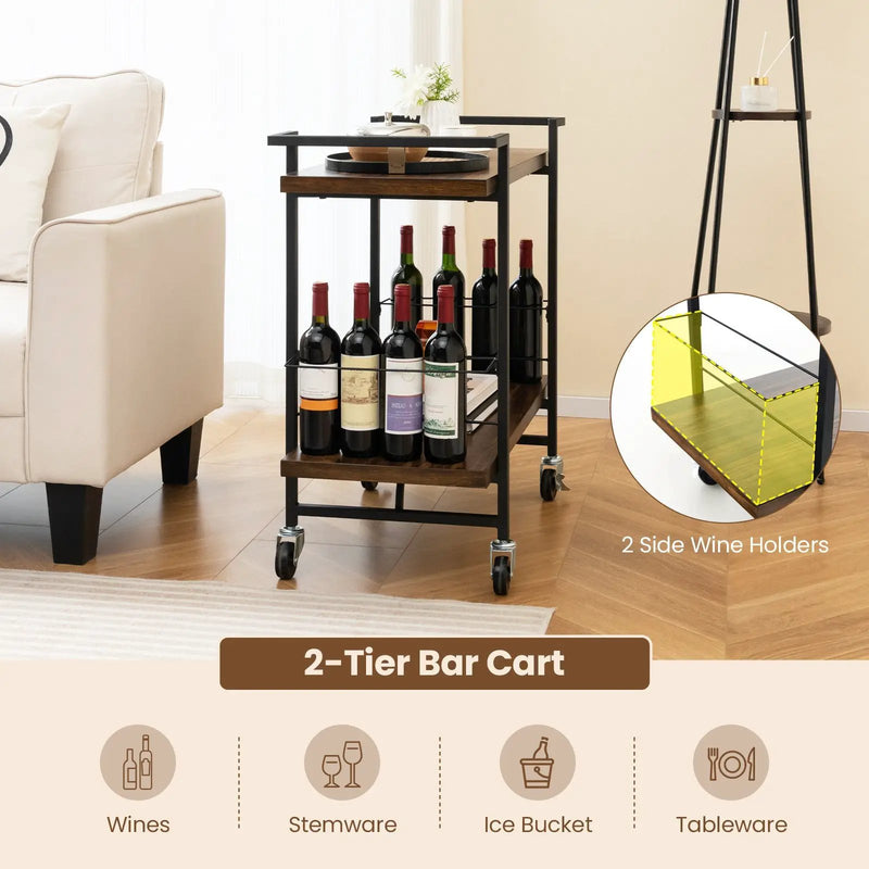 2-Tier Home Bar Cart with Lockable Wheels and Heavy-Duty Metal Frame-Rustic Brown by DirectDeals