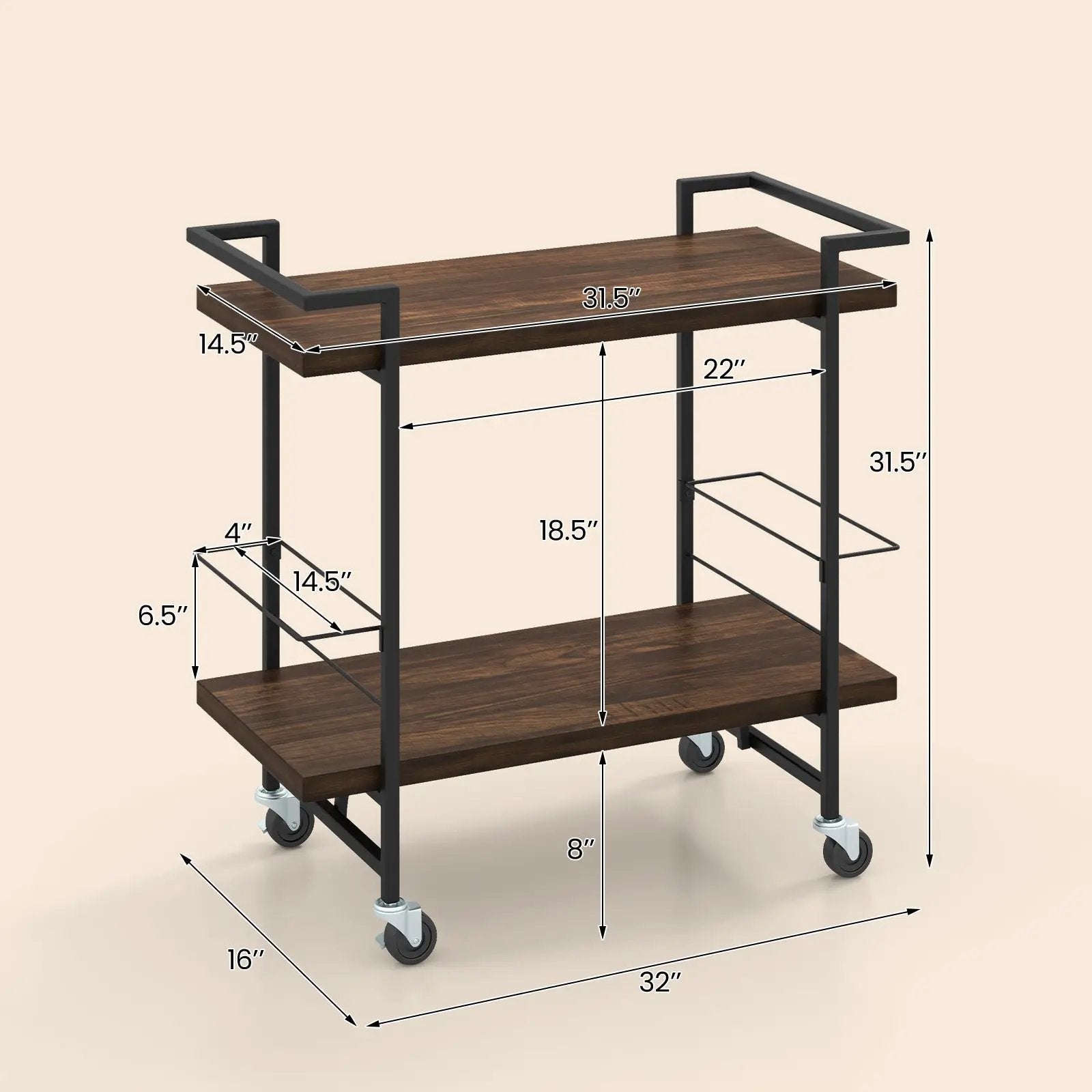 2-Tier Home Bar Cart with Lockable Wheels and Heavy-Duty Metal Frame-Rustic Brown by DirectDeals