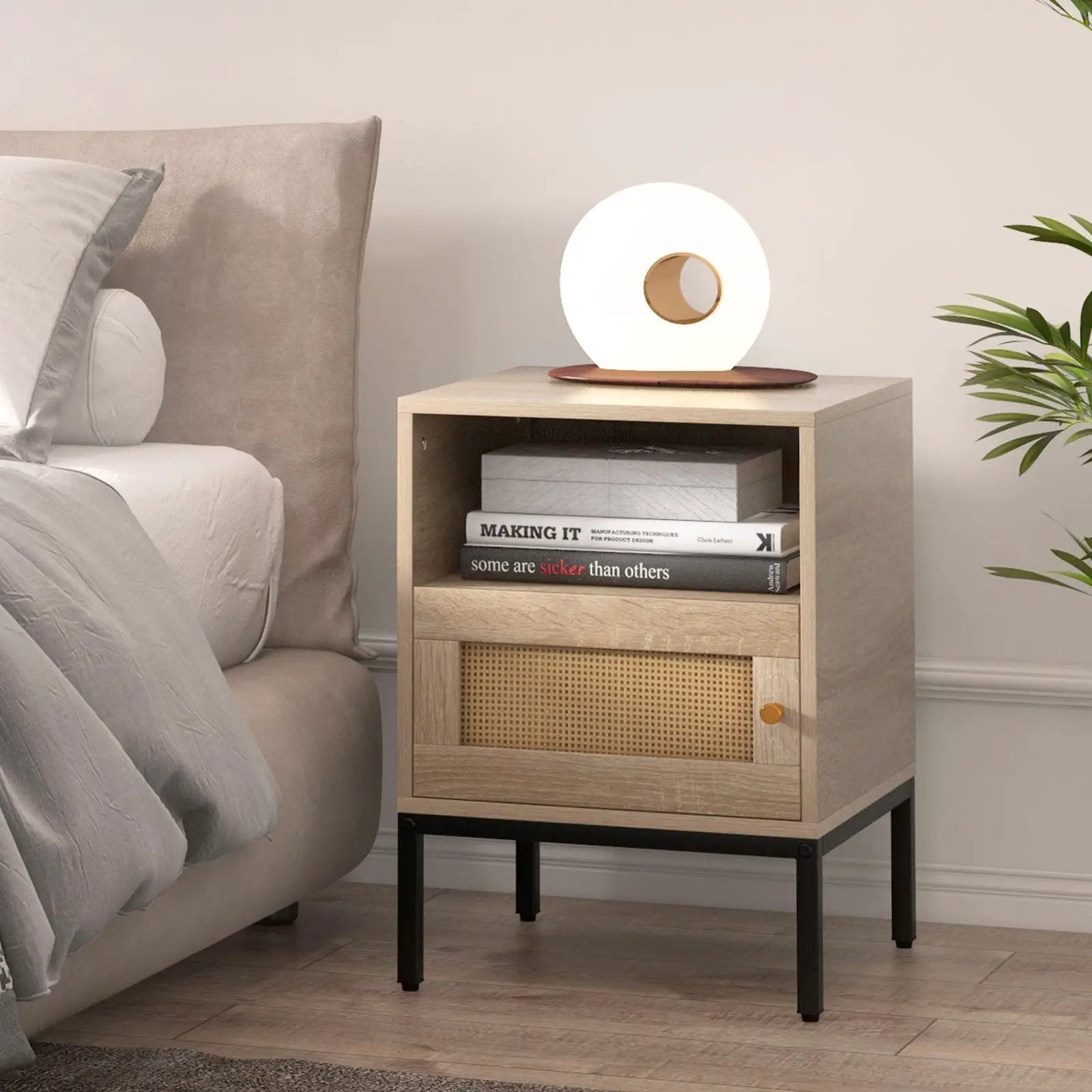 Home Boho Style Accent Table with Open Shelf and 1 Door Cabinet-Natural by DirectDeals