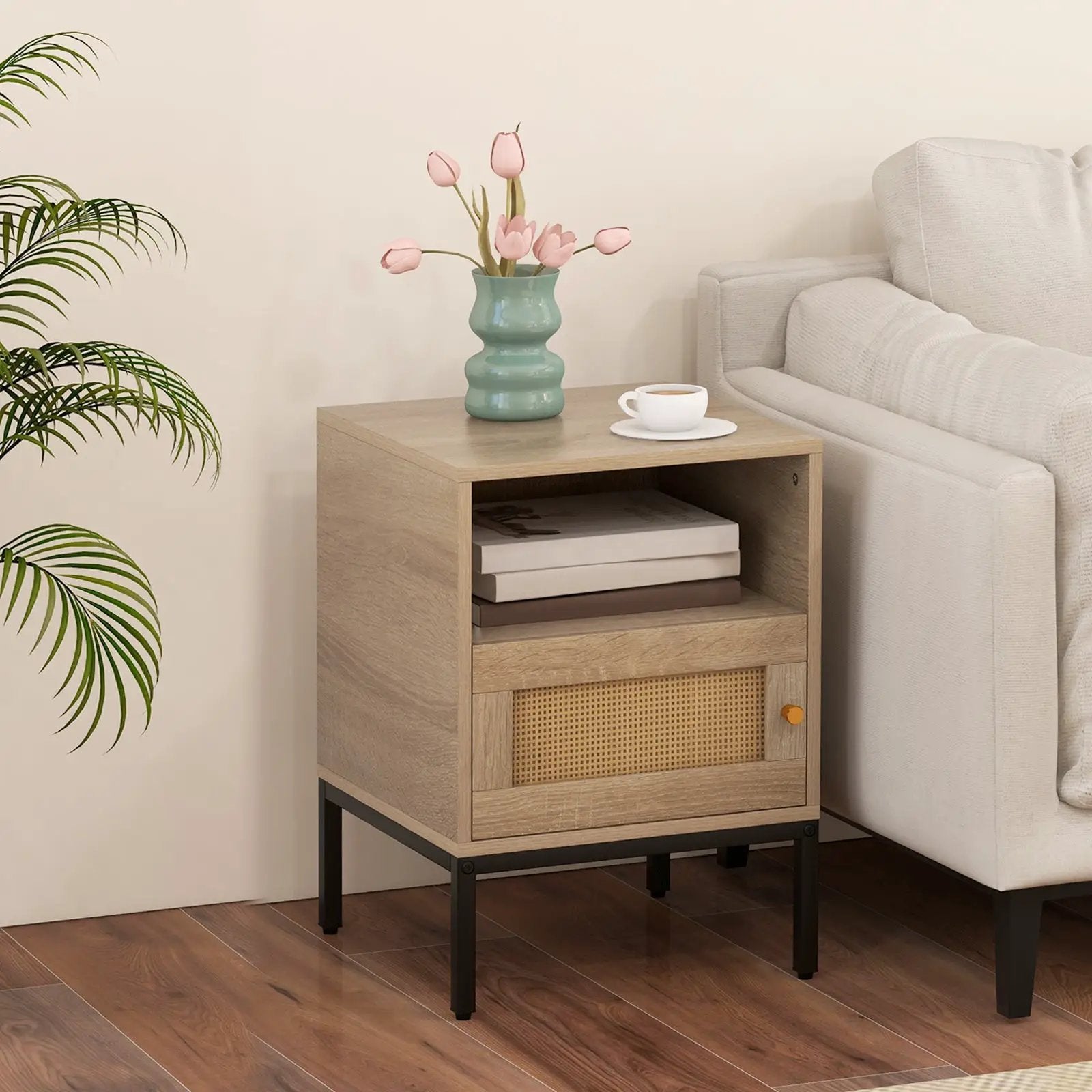 Home Boho Style Accent Table with Open Shelf and 1 Door Cabinet-Natural by DirectDeals