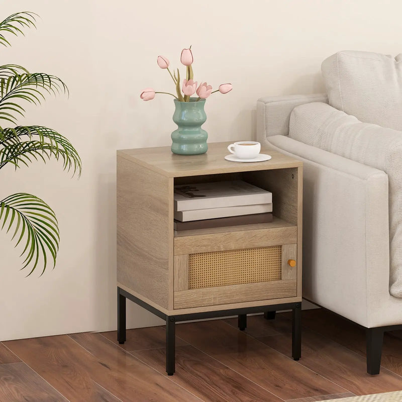 Home Boho Style Accent Table with Open Shelf and 1 Door Cabinet-Natural by DirectDeals