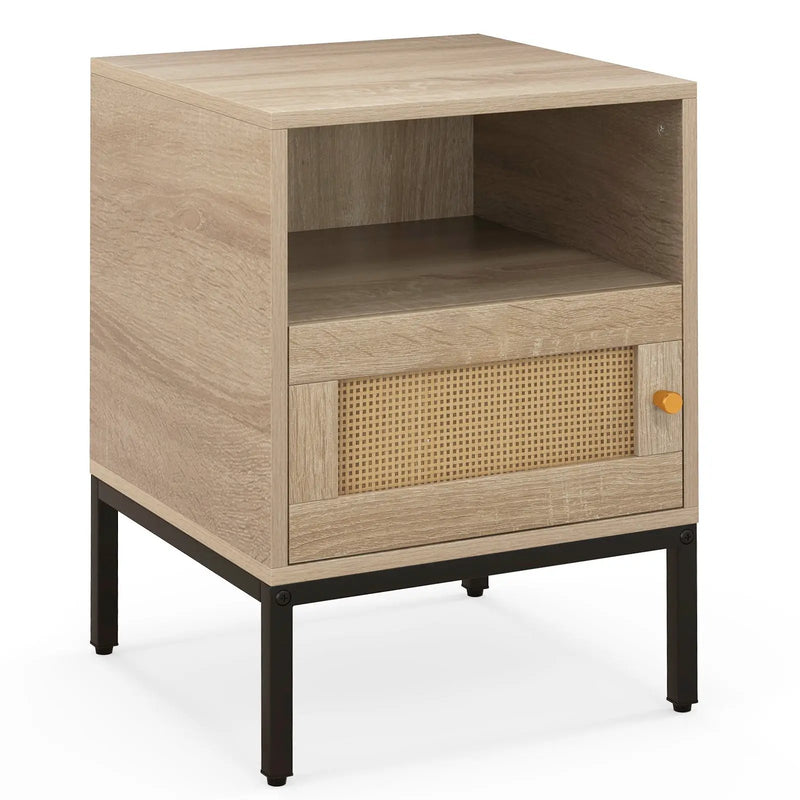 Home Boho Style Accent Table with Open Shelf and 1 Door Cabinet-Natural by DirectDeals