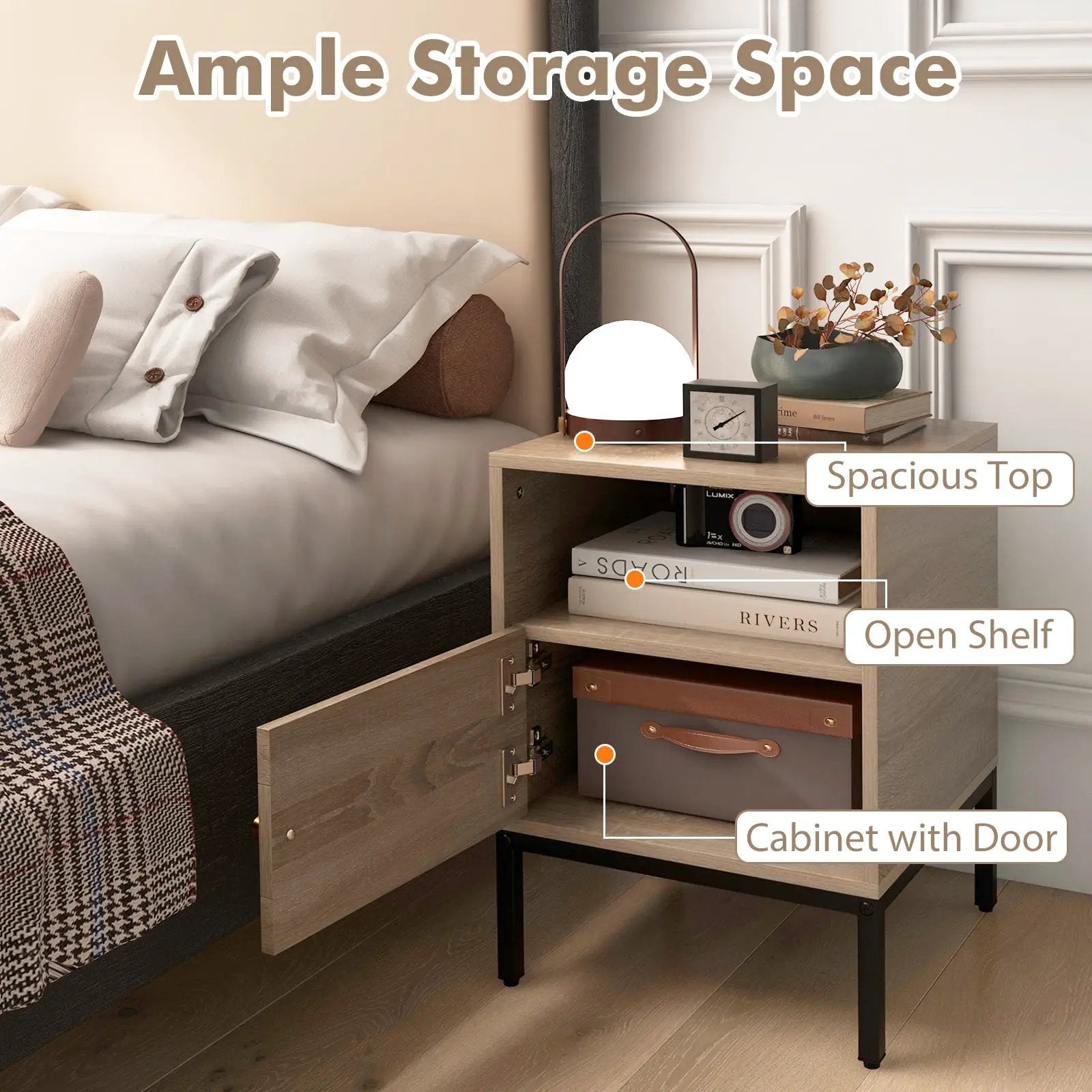 Home Boho Style Accent Table with Open Shelf and 1 Door Cabinet-Natural by DirectDeals