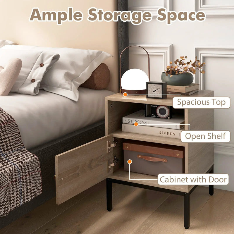 Home Boho Style Accent Table with Open Shelf and 1 Door Cabinet-Natural by DirectDeals