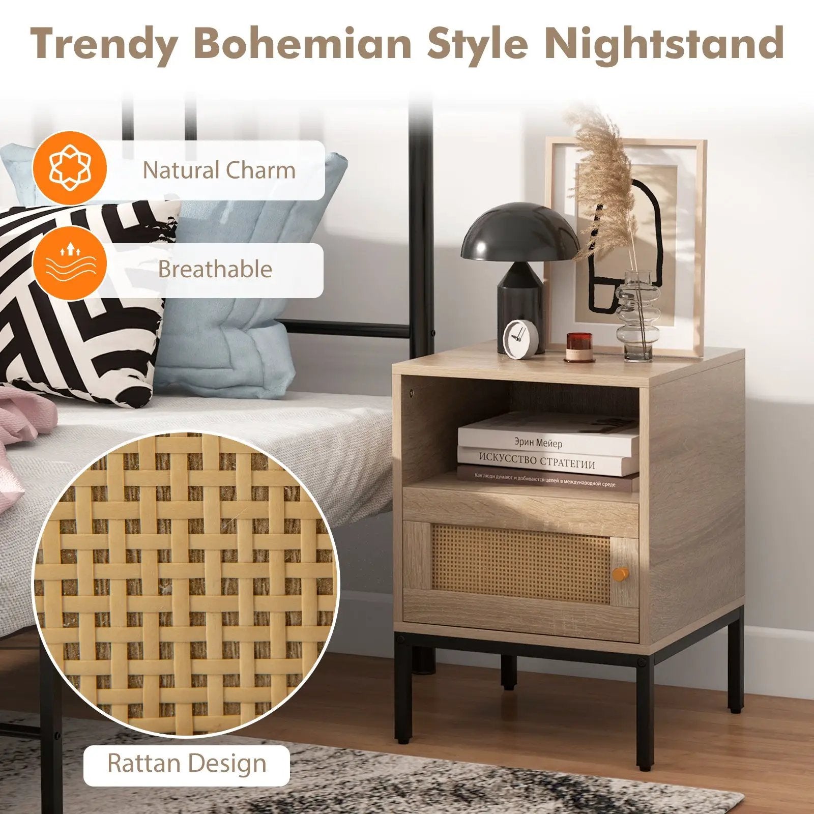 Home Boho Style Accent Table with Open Shelf and 1 Door Cabinet-Natural by DirectDeals
