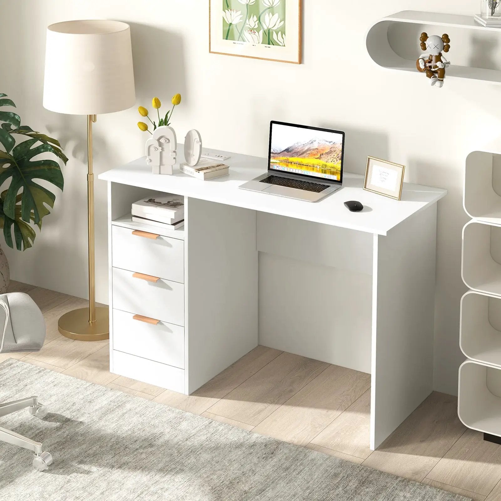 Home Office Desk with Power Outlet 3 Storage Drawers and Open Compartment-White by DirectDeals