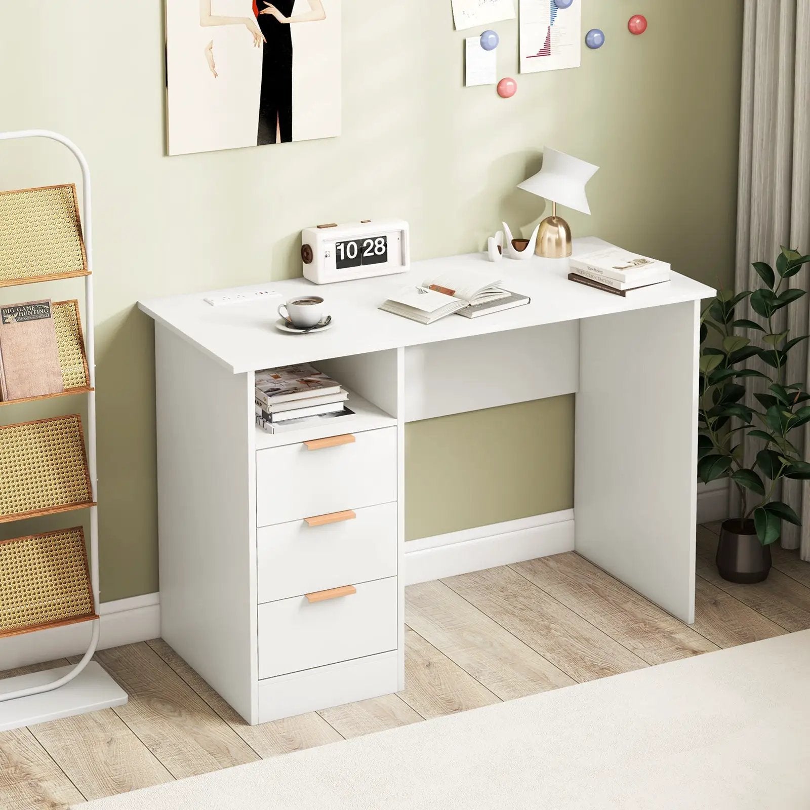 Home Office Desk with Power Outlet 3 Storage Drawers and Open Compartment-White by DirectDeals