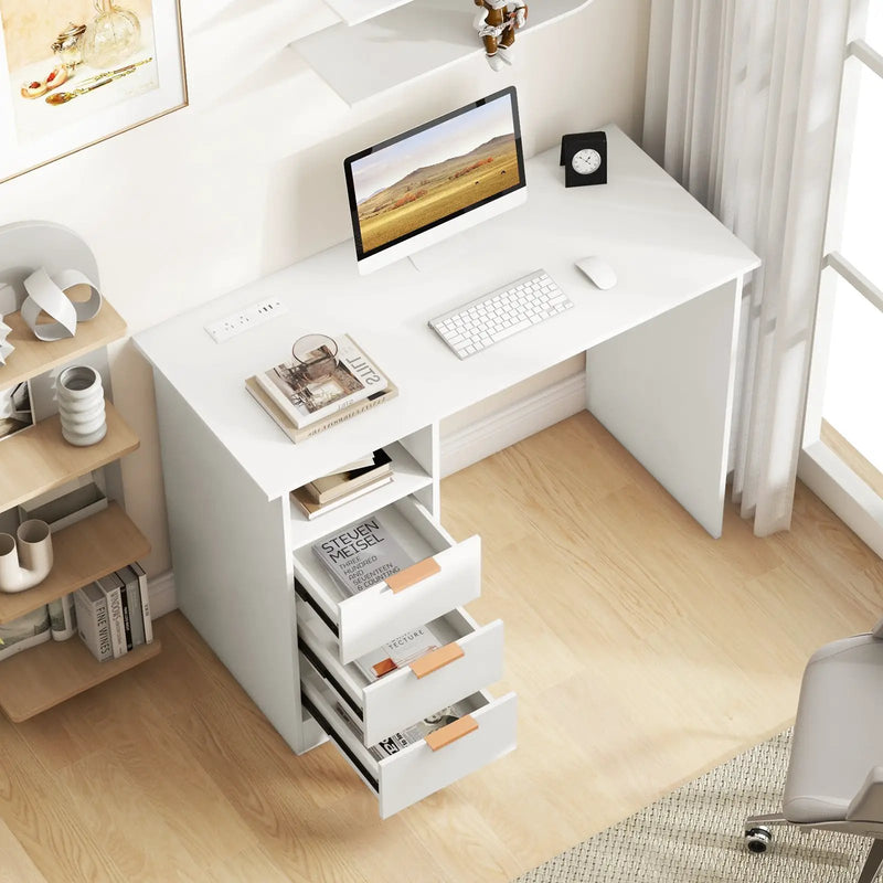 Home Office Desk with Power Outlet 3 Storage Drawers and Open Compartment-White by DirectDeals