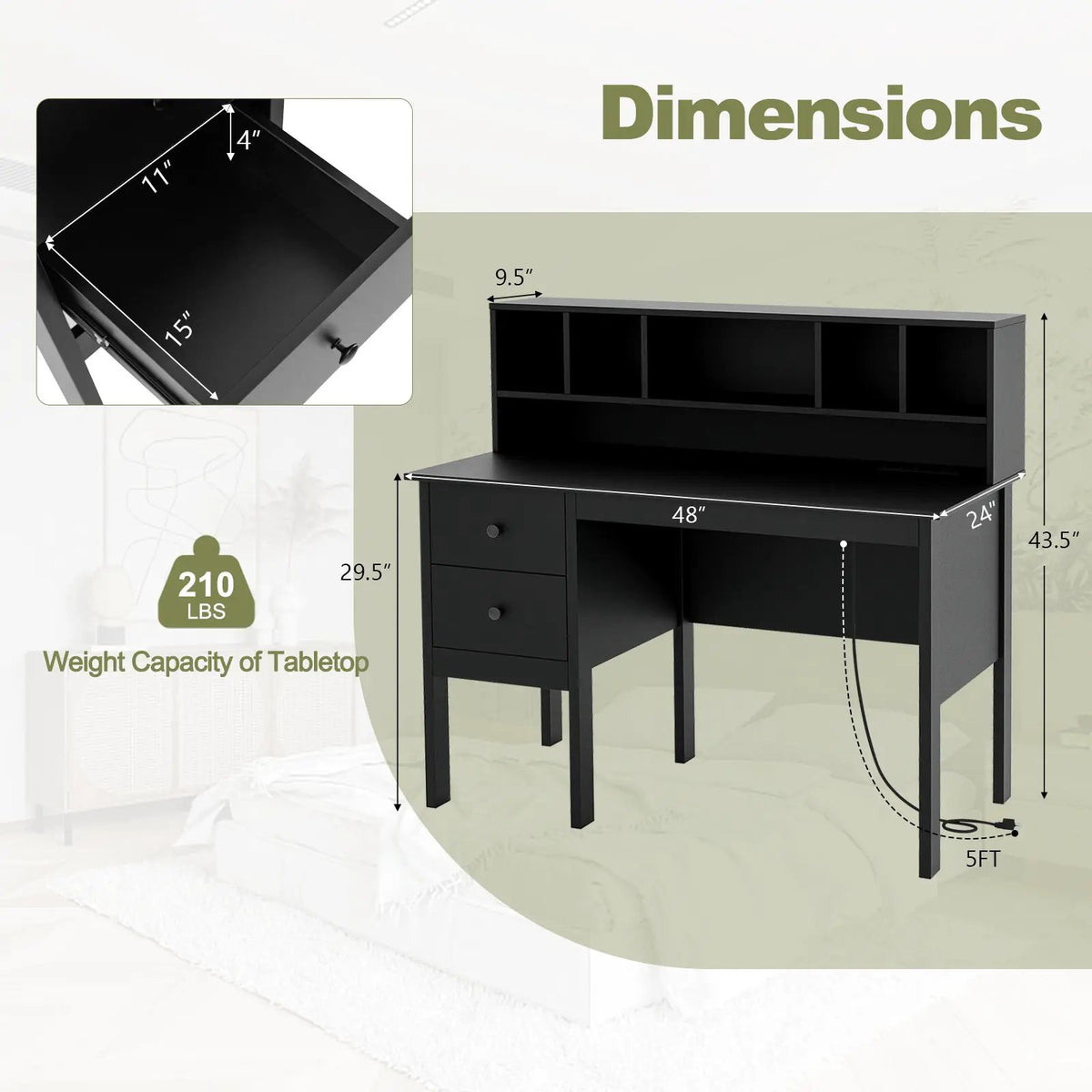 48 Inch Computer Desk with Drawers Power Outlets by DirectDeals