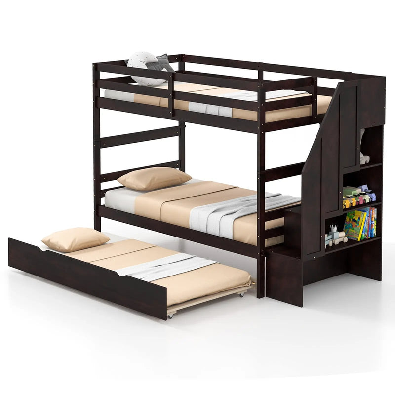 Home Wood Bunk Bed with Guard Rail and 4-step Storage Stairs No Box Spring Needed by DirectDeals