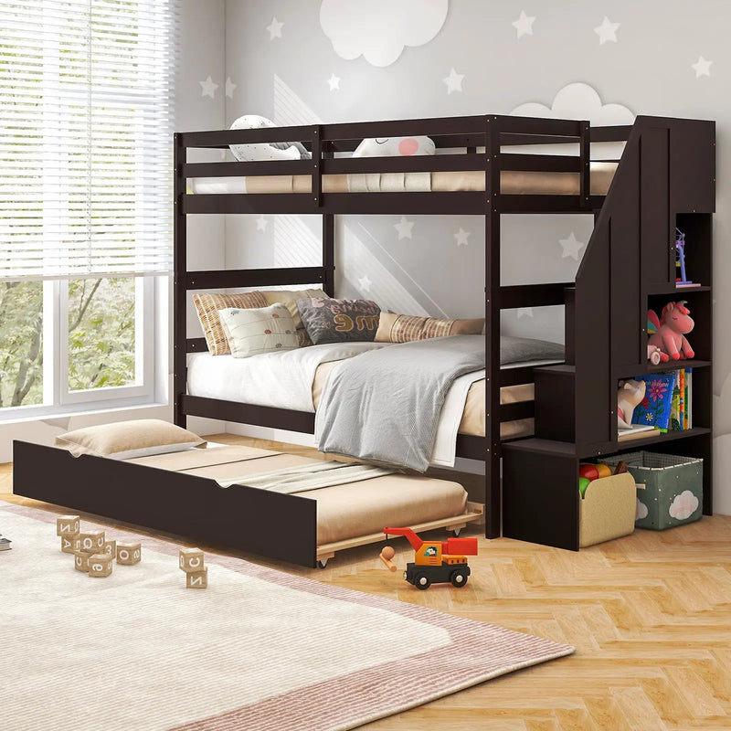 Home Wood Bunk Bed with Guard Rail and 4-step Storage Stairs No Box Spring Needed by DirectDeals