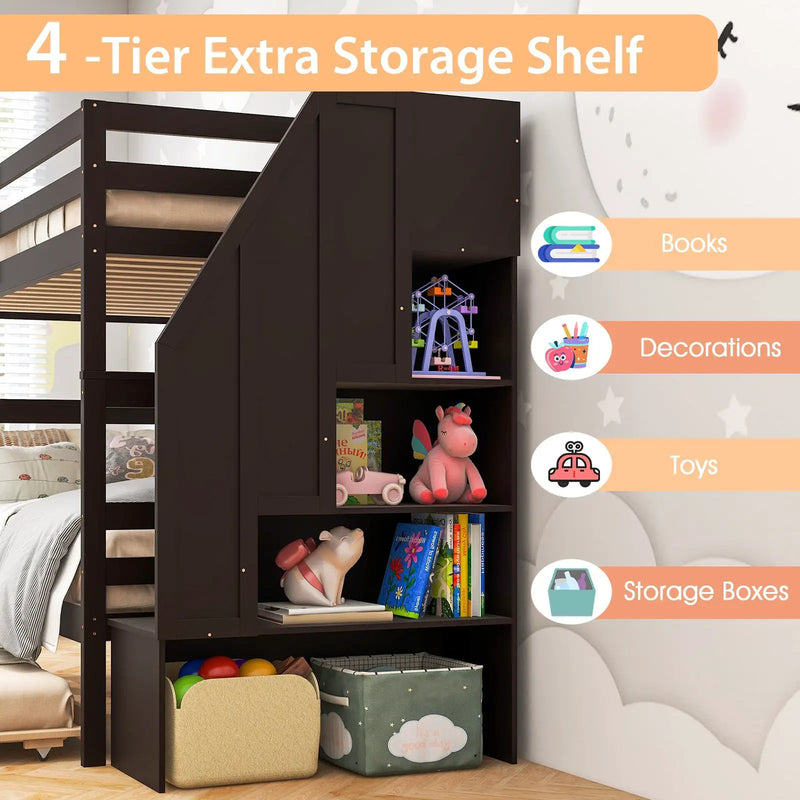 Home Wood Bunk Bed with Guard Rail and 4-step Storage Stairs No Box Spring Needed by DirectDeals