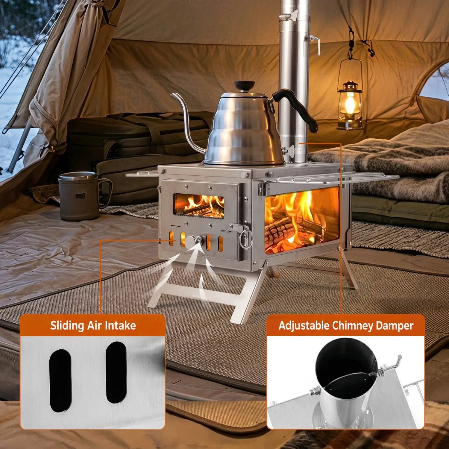 Portable Wood Burning Tent Stove with 7 Chimney Pipes by DirectDeals
