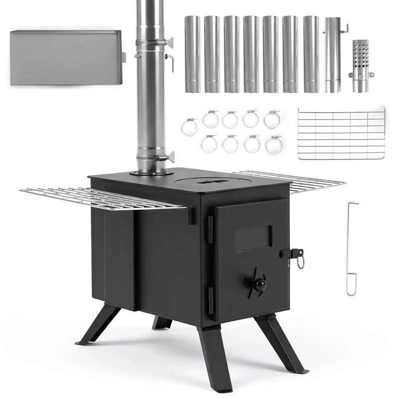 Hot Tent Wood Burning Stove with 8 Chimney Pipes & Ash Tray by DirectDeals