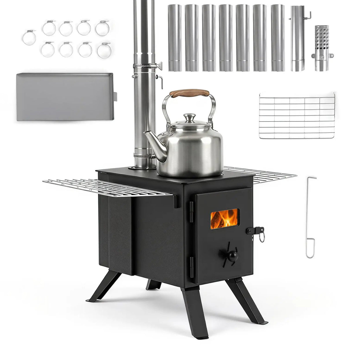 Hot Tent Wood Burning Stove with 8 Chimney Pipes & Ash Tray by DirectDeals