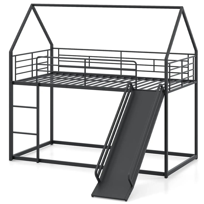 House-shaped Metal Twin Over Twin Low Bunk Bed-Black by DirectDeals