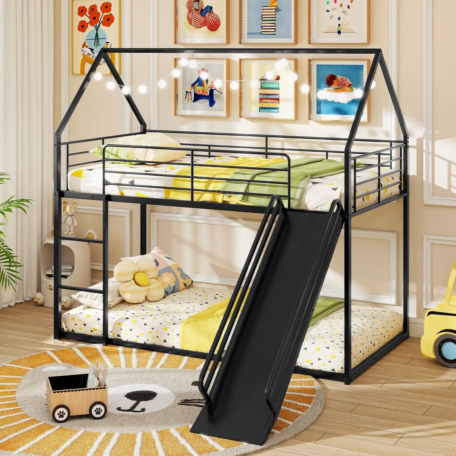 House-shaped Metal Twin Over Twin Low Bunk Bed-Black by DirectDeals