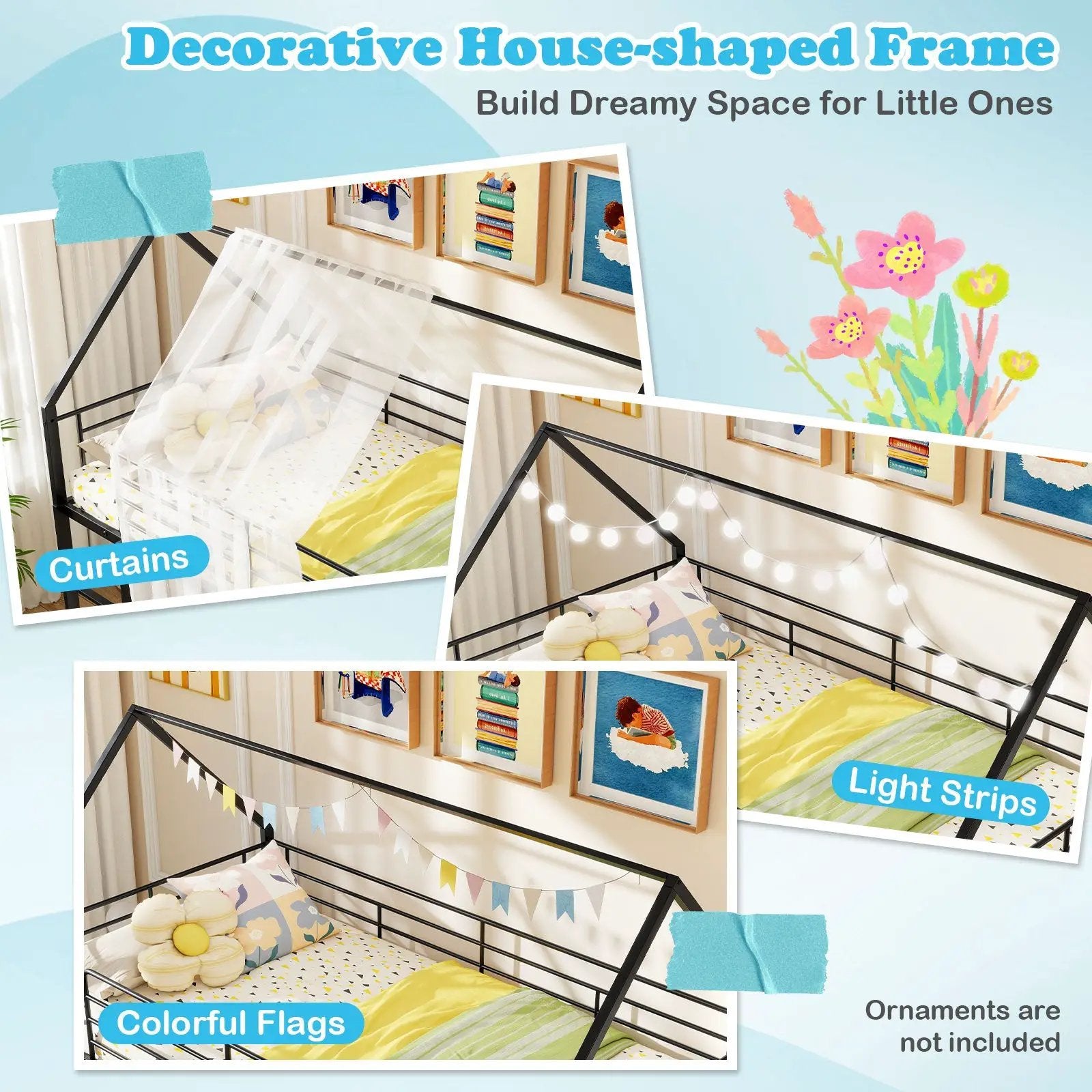 House-shaped Metal Twin Over Twin Low Bunk Bed-Black by DirectDeals