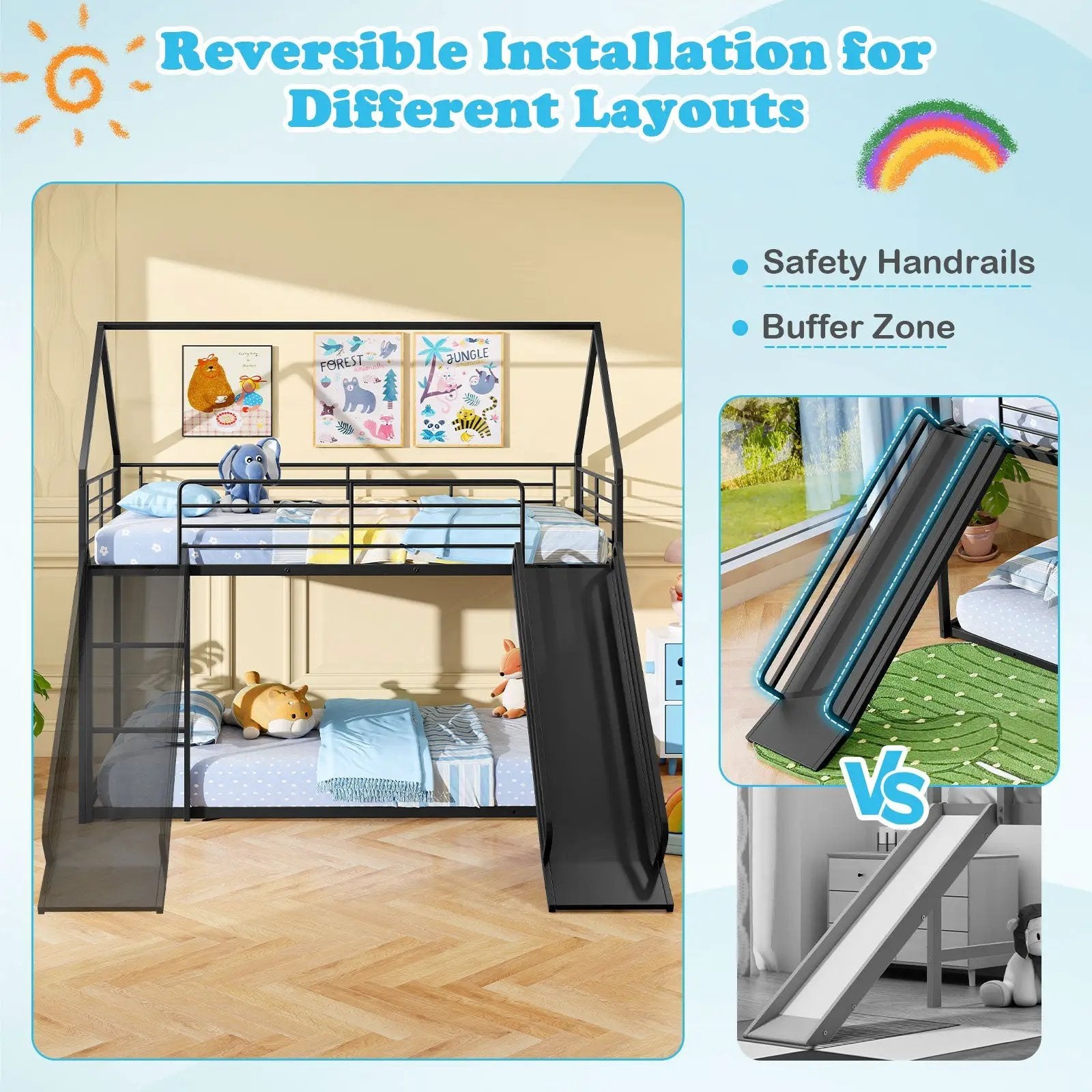 House-shaped Metal Twin Over Twin Low Bunk Bed-Black by DirectDeals
