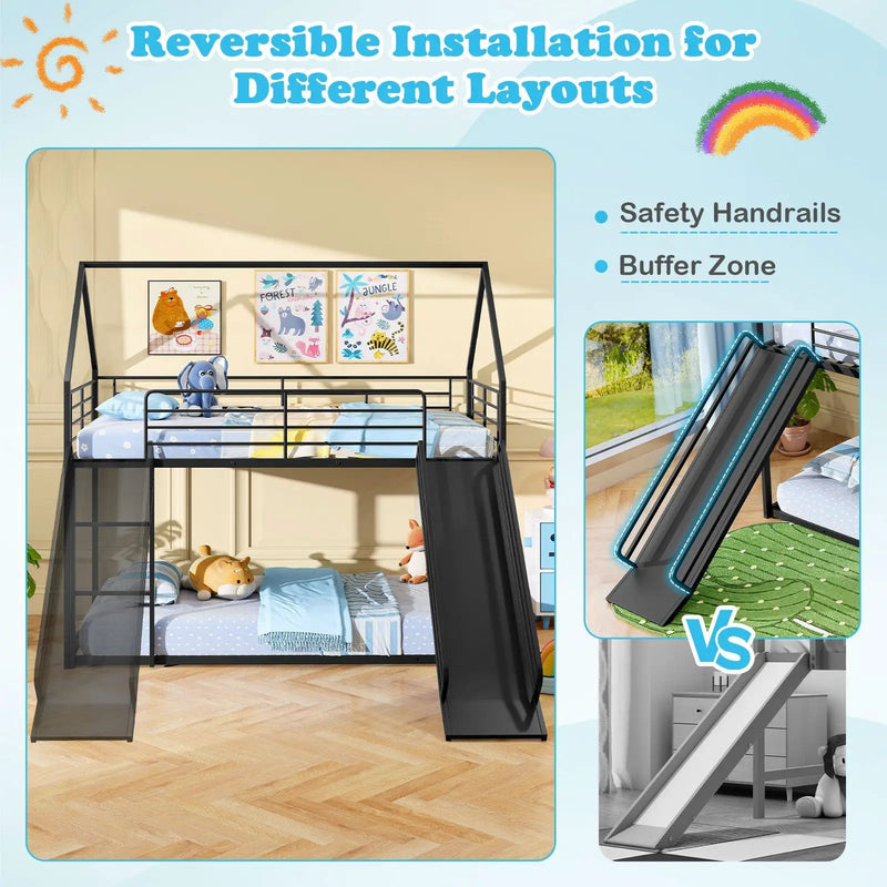 House-shaped Metal Twin Over Twin Low Bunk Bed-Black by DirectDeals