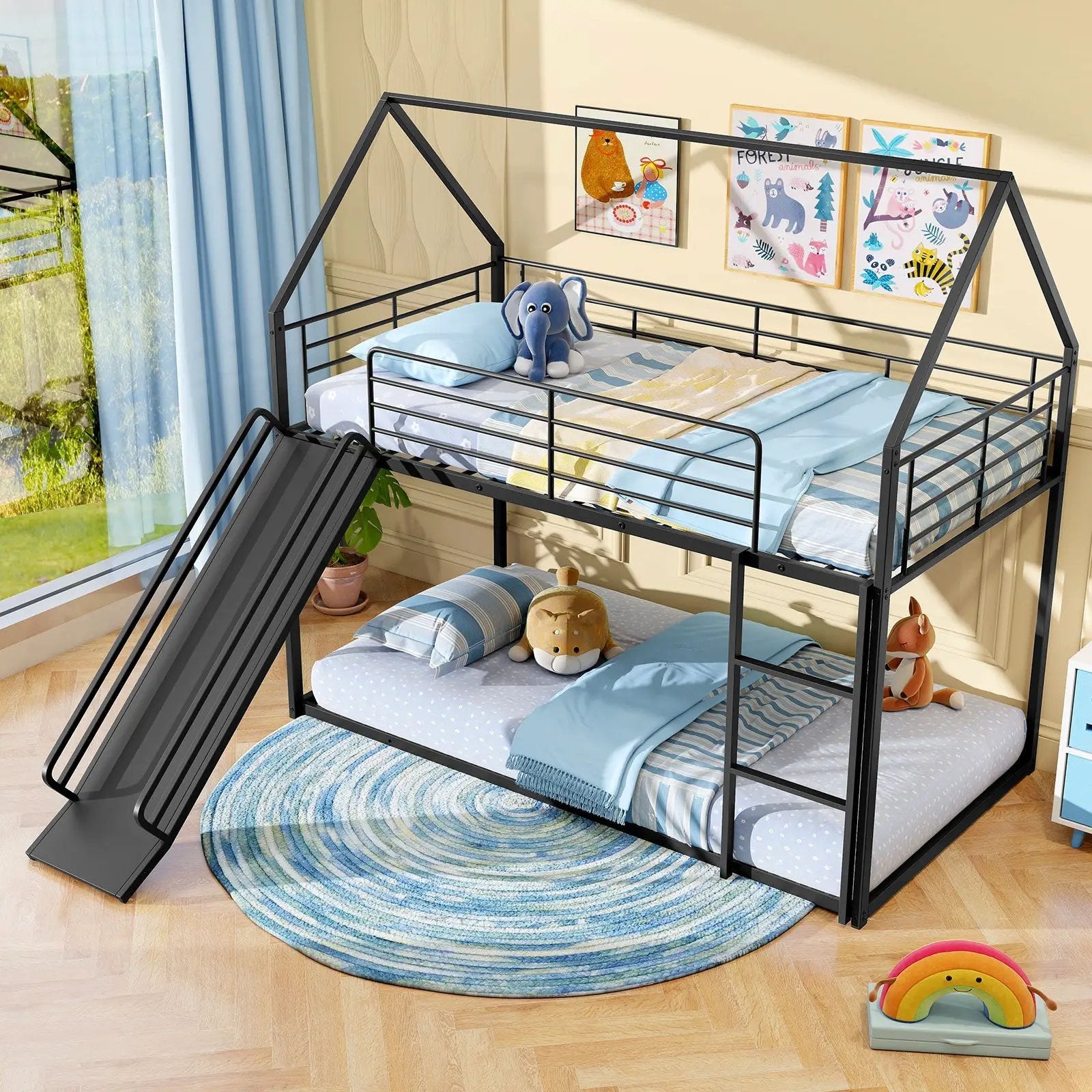 House-shaped Metal Twin Over Twin Low Bunk Bed-Black by DirectDeals