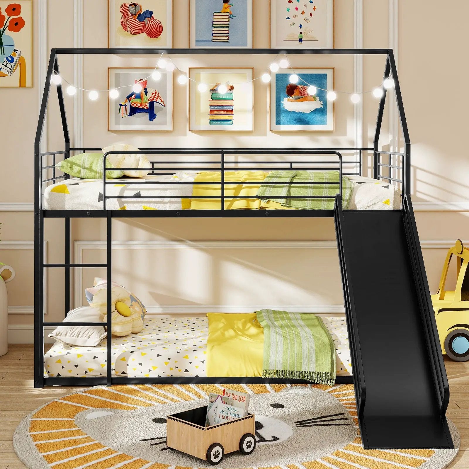 House-shaped Metal Twin Over Twin Low Bunk Bed-Black by DirectDeals