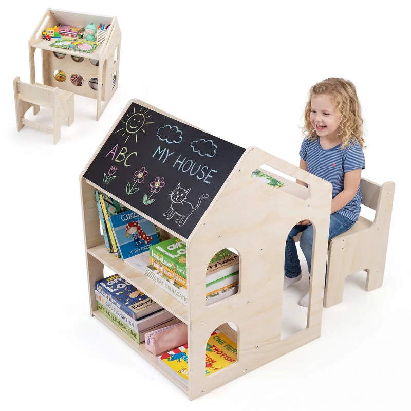 House-shaped Wooden Activity Kids Table Chair Set-Natural by DirectDeals
