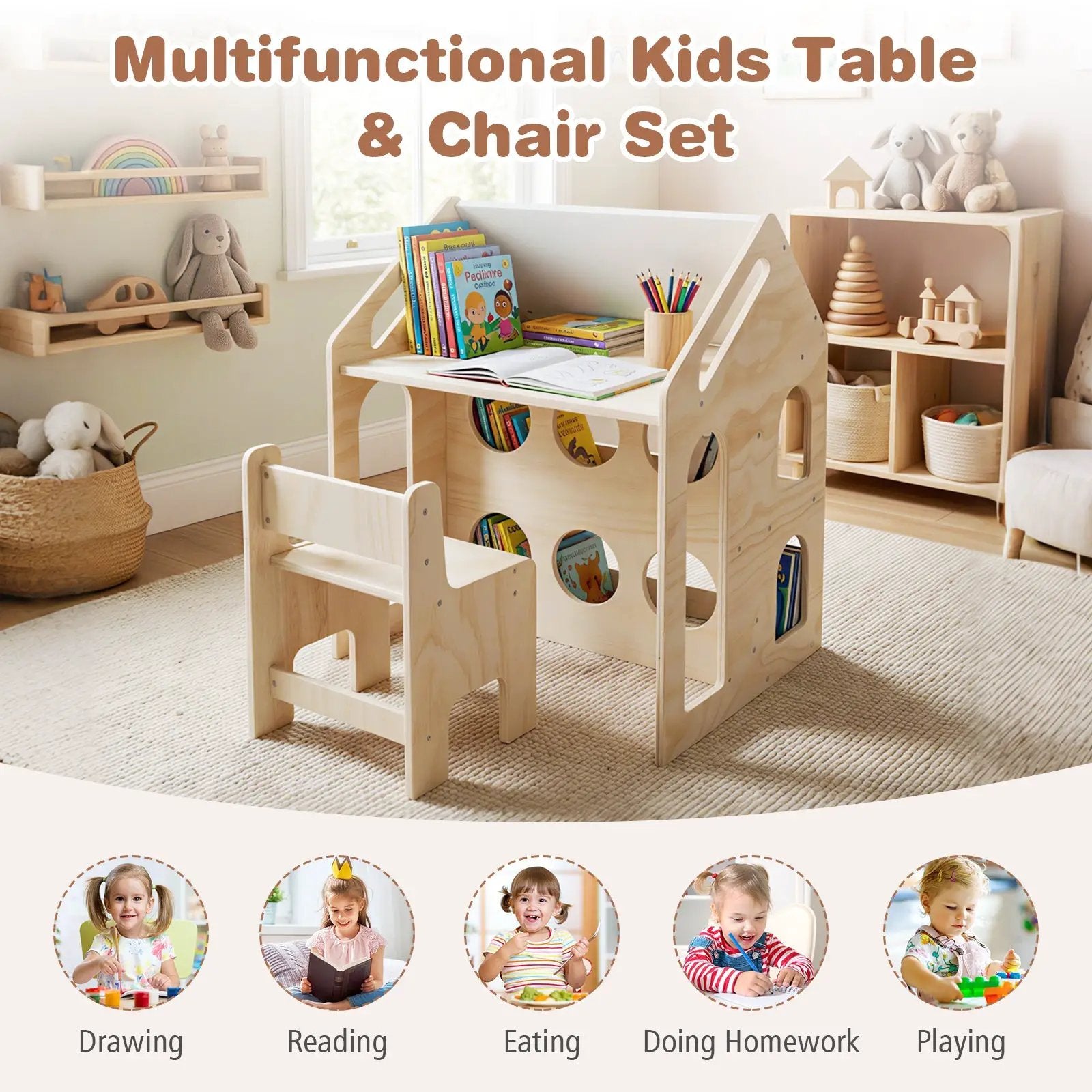 House-shaped Wooden Activity Kids Table Chair Set-Natural by DirectDeals