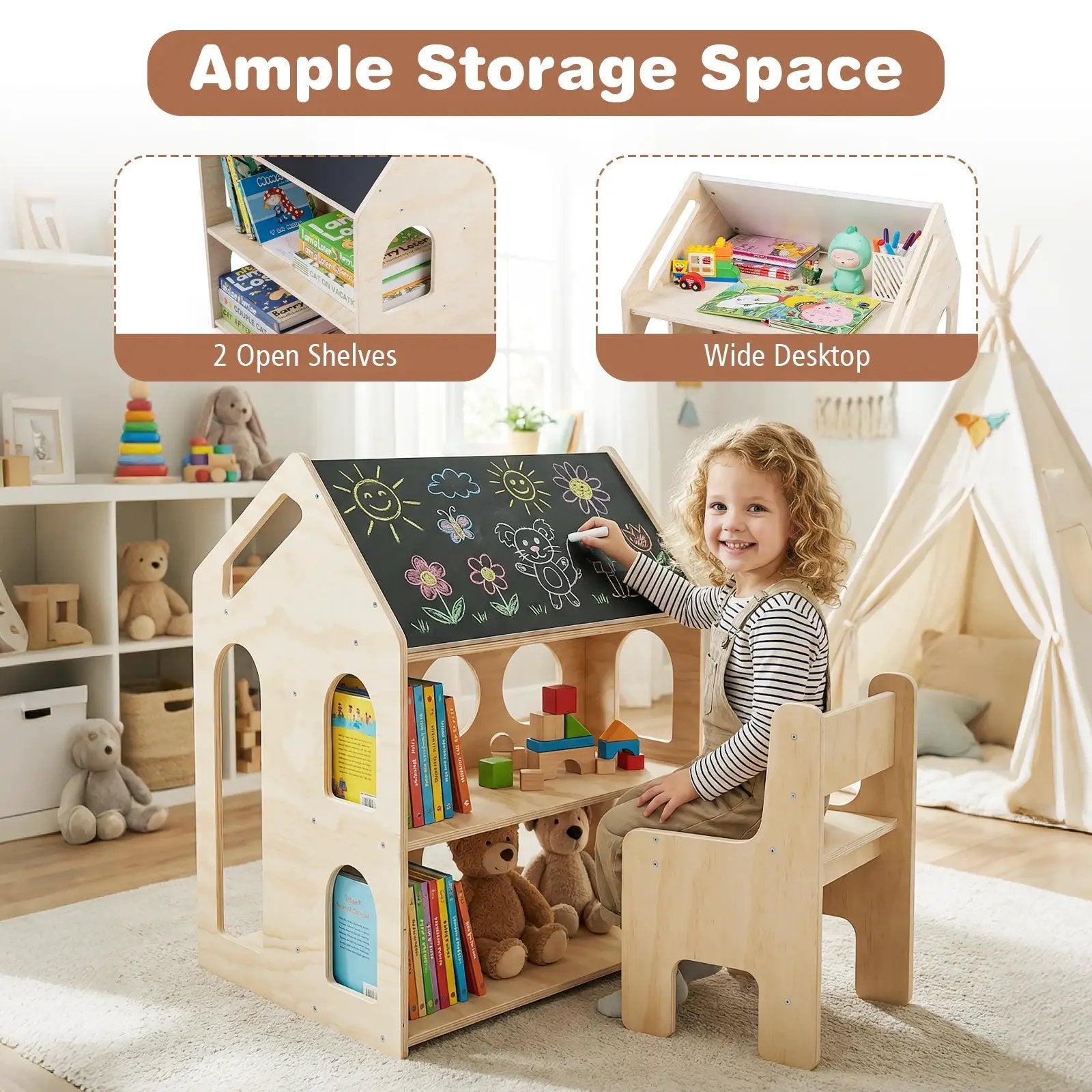 House-shaped Wooden Activity Kids Table Chair Set-Natural by DirectDeals