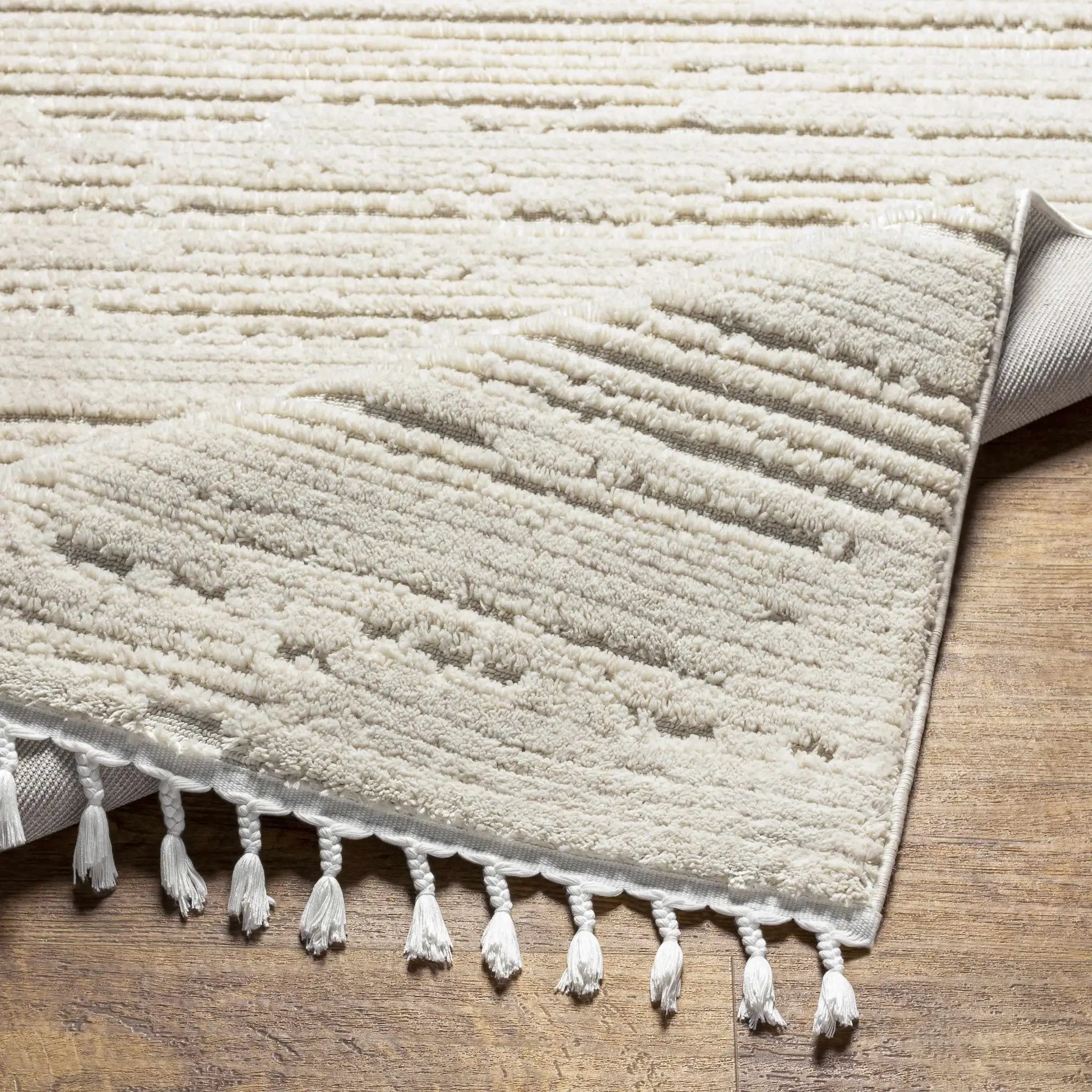 Ibarra Textured Ivory High/Low Pile Rug with Tassels by Boutique Rugs