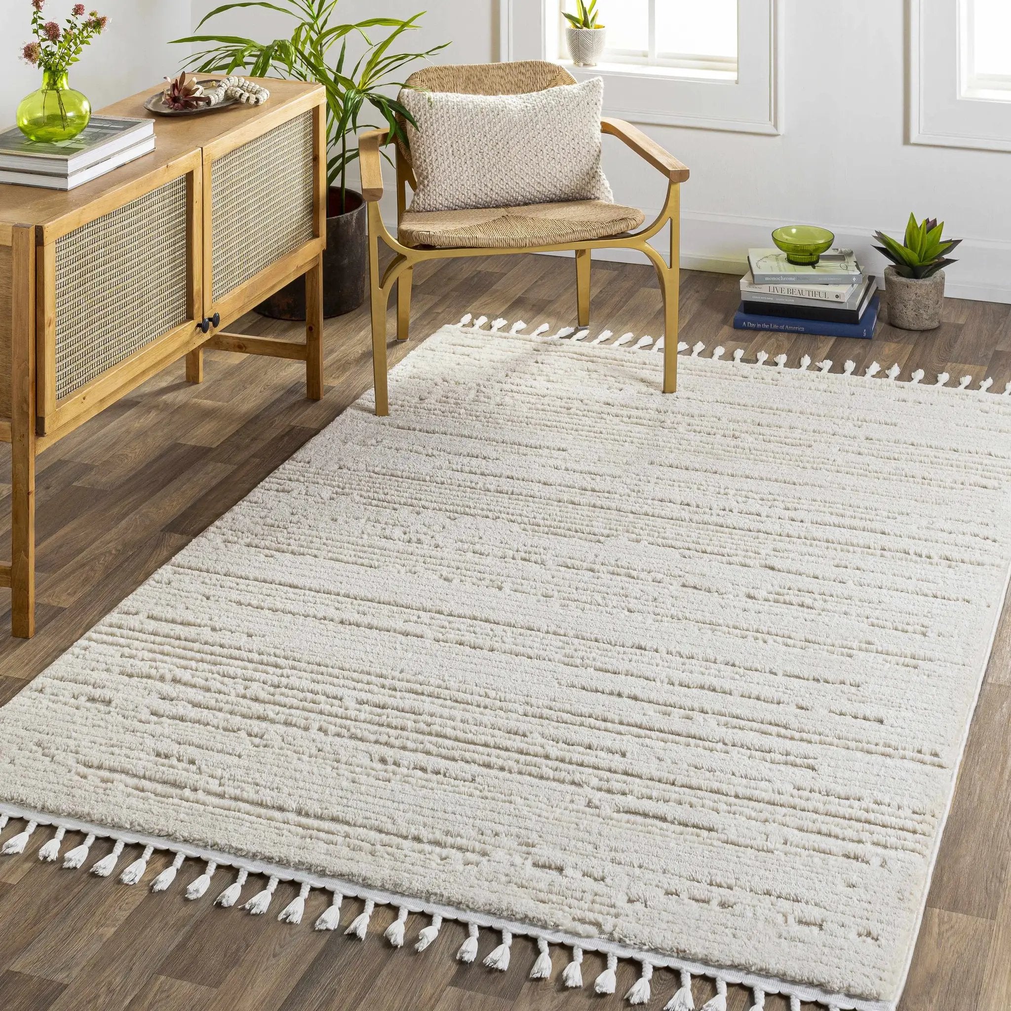Ibarra Textured Ivory High/Low Pile Rug with Tassels by Boutique Rugs